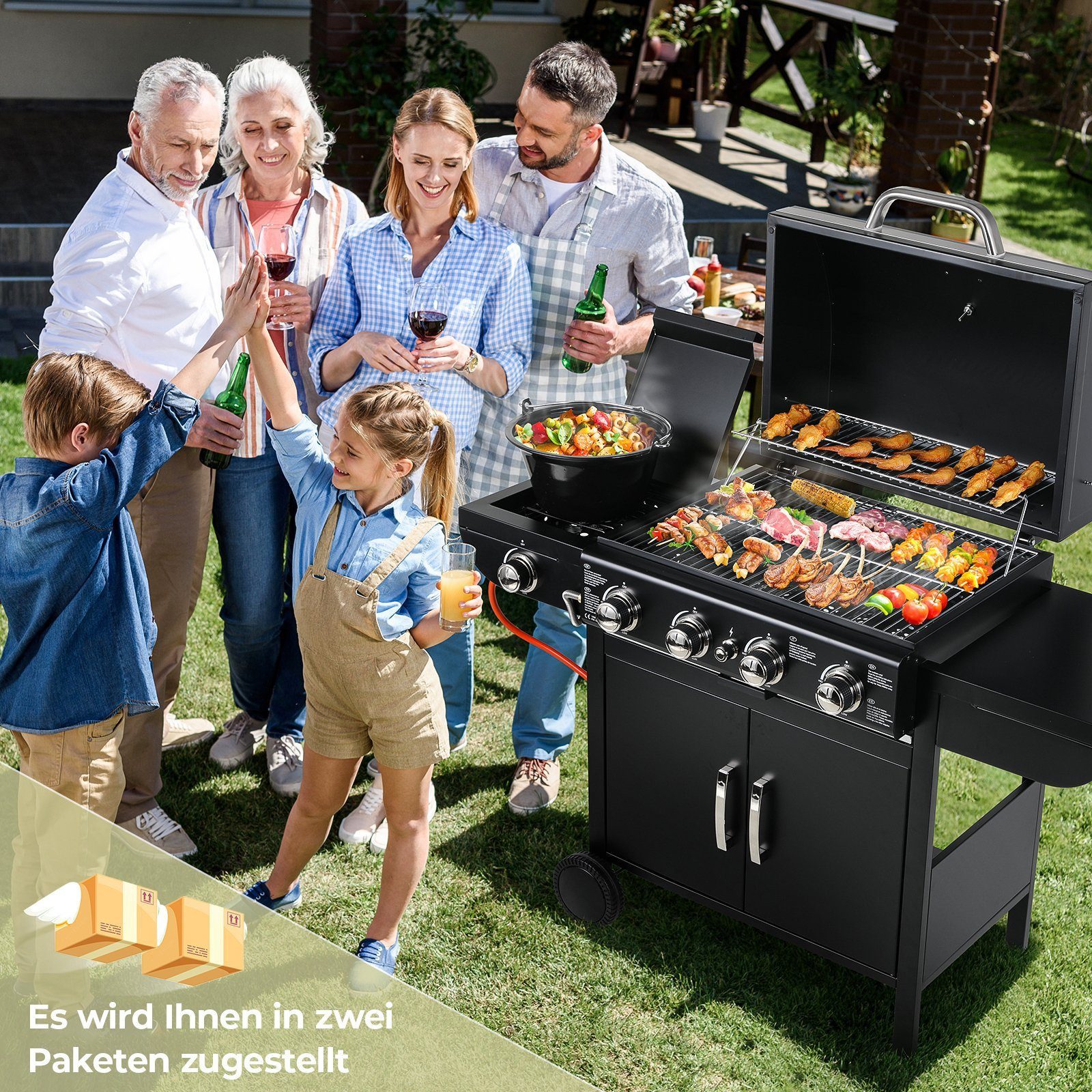 TLGREEN Camping-Gasgrill Brenner Gasgrill,Hochleistungsbrenner, Impulszünd, BBQ Grillwagen 4+1