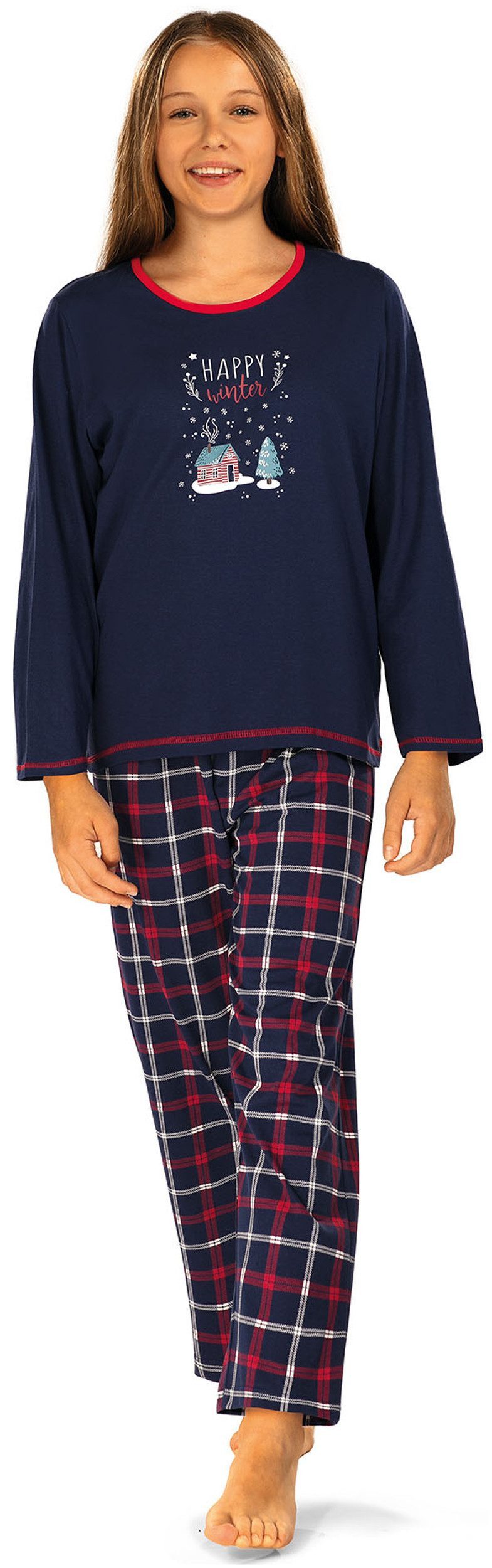 comtessa Pyjama Mädchen Schlafanzug Happy Winter (Packung, 1 Stück) karierte lange Hose