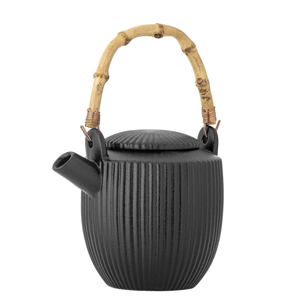 Bloomingville Teekanne Neri Steingut, Schwarz D13xH24 cm, 0,85 l, Teekrug, Keramikkanne, Bambusgriff, Nordisch, Minimalistisch