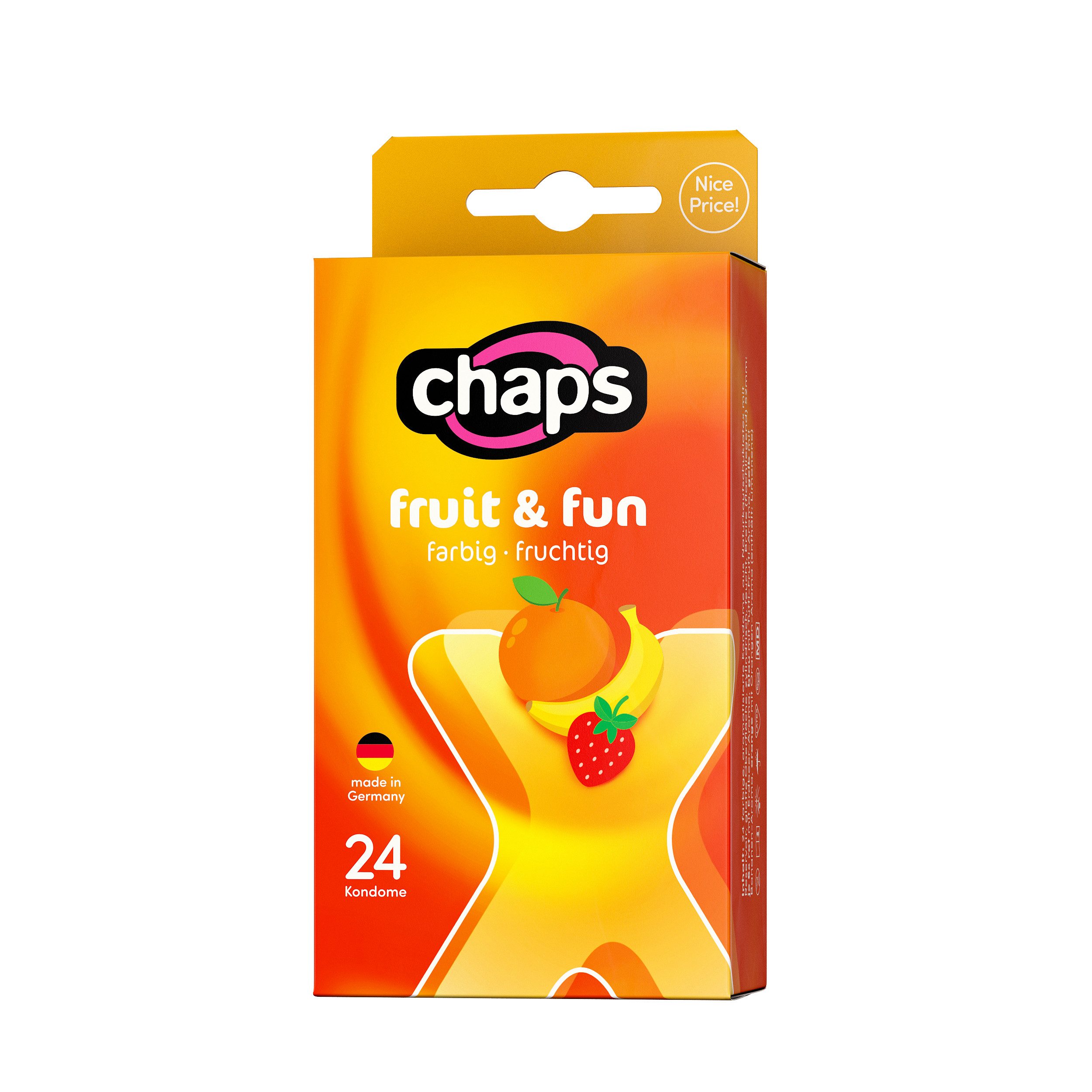 Chaps Kondome Fruit & Fun - 24 Stück - Erdbeere, Tutti-Frutti, Banane und Orange, für Paare die Abwechslung, Spiel und Duft erleben - Made in Germany