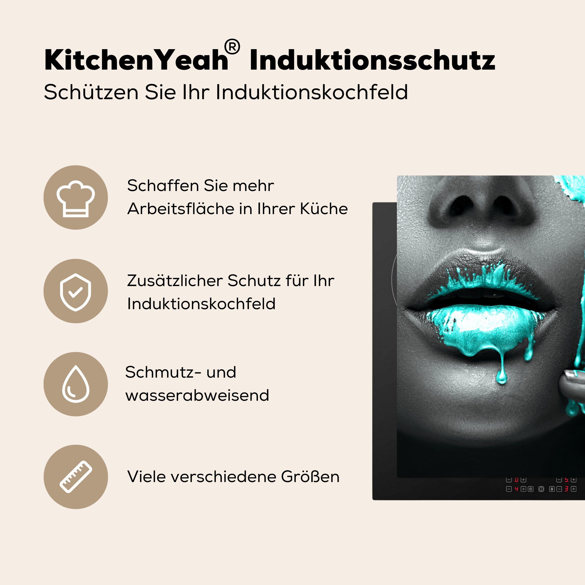 MuchoWow Herdblende-/Abdeckplatte Lippen - (1 78x78 für - Schwarz, Arbeitsplatte cm, Blau Vinyl, tlg), Ceranfeldabdeckung, küche