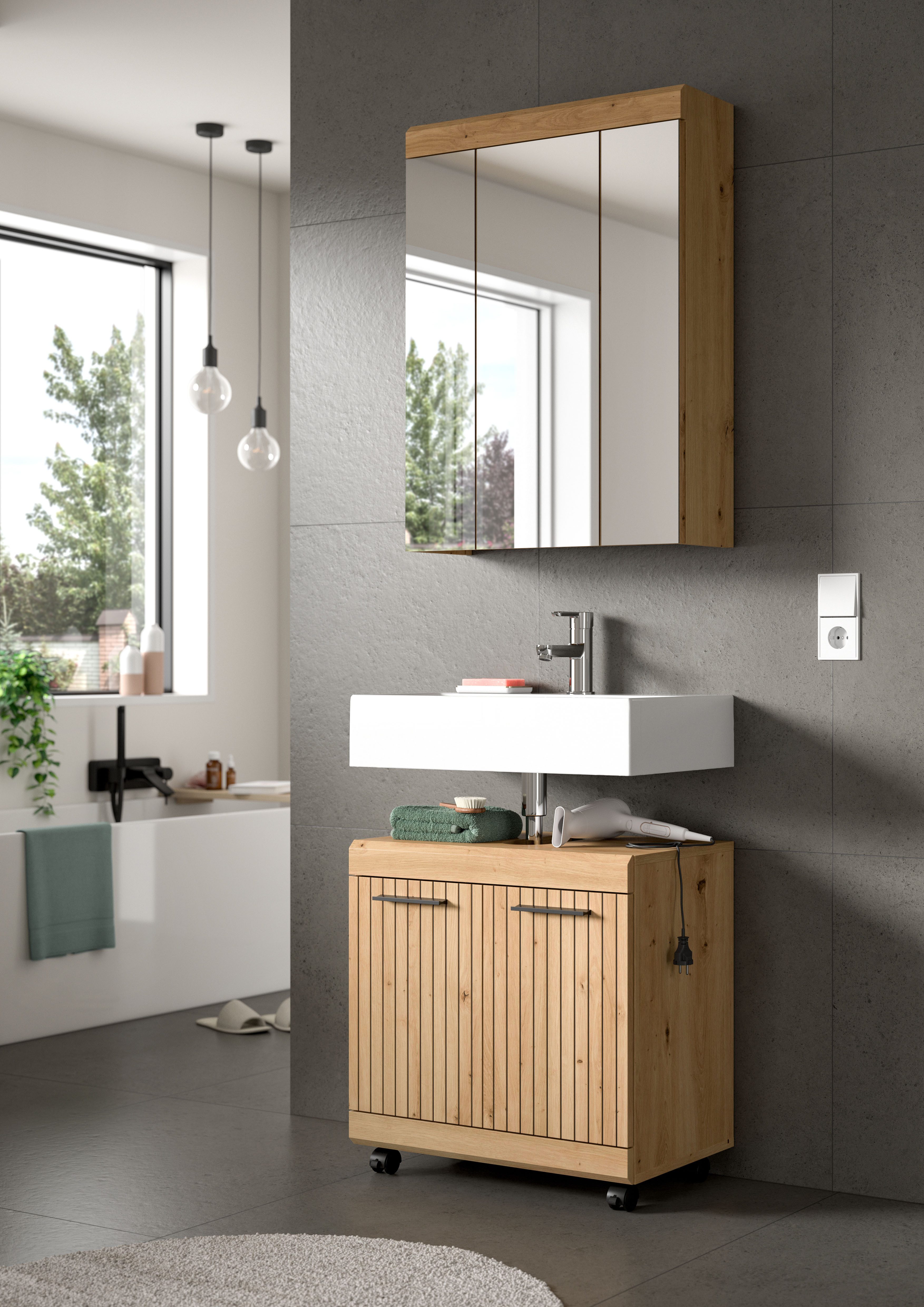 welltime Waschbeckenunterschrank SIENA, Breite 60cm, 2 Türen oder 2 Schubkästen, auf Rollen, MDF-Front (TOPSELLER!, mit Siphonausschnitt 10x25 cm) in verschiedenen Farben erhältlich, Badmöbel, Badschrank, Kommode, Bad