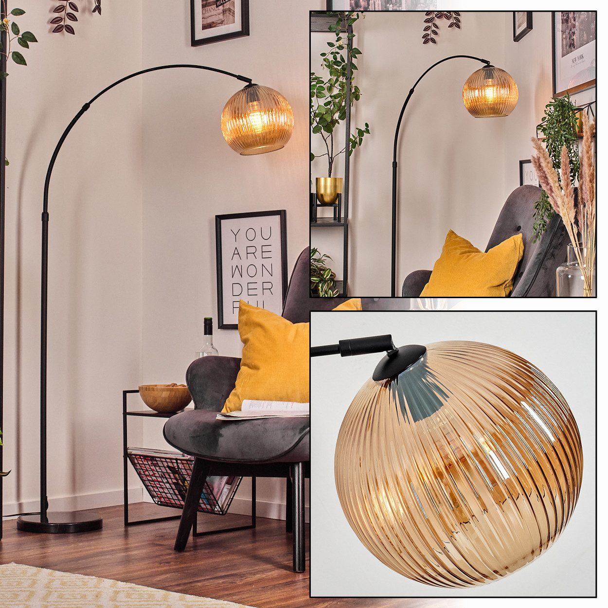 hofstein Bogenlampe Stehlampe aus Metall/Riffelglas in Schwarz/Bernstein mit Marmorfuß, ohne Leuchtmittel, moderne Stehleuchte verstellbar, Ø Schirm 25 cm, Fußschalter, E27