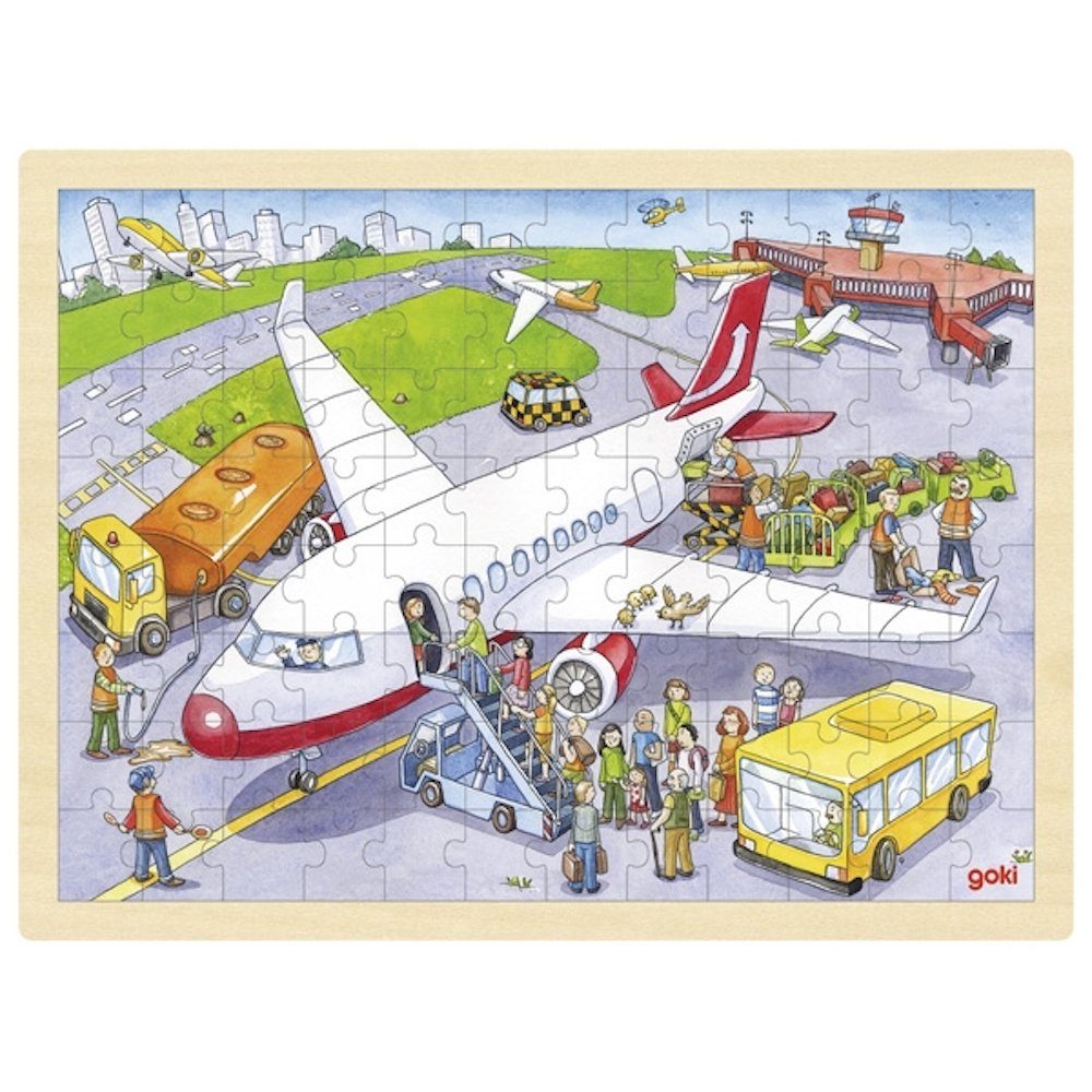 goki Rahmenpuzzle Einlegepuzzle Auf dem Flughafen Holzpuzzle 96 Teile, 96 Puzzleteile, sehr stabile Holzteile