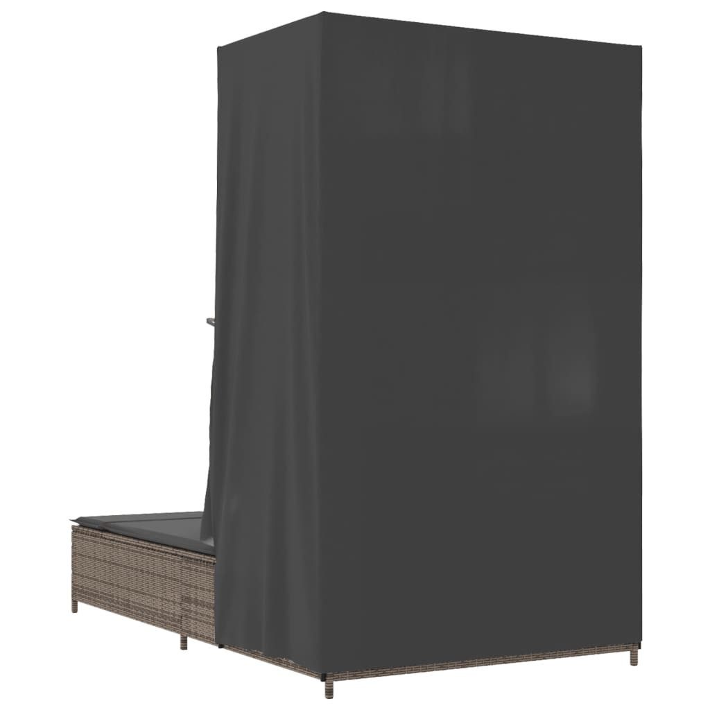 vidaXL Gartenliege Doppel-Sonnenliege mit Dach und Vorhängen Grau Poly Rattan, 1 St.