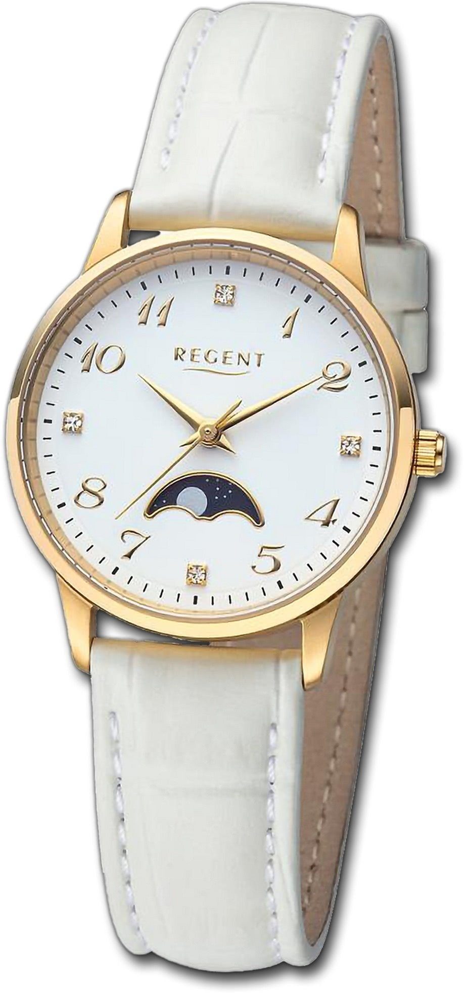 Regent Quarzuhr Regent Damen Armbanduhr Analog, Damenuhr Lederarmband weiß, rundes Gehäuse, extra groß (ca. 31,5mm) | Quarzuhren