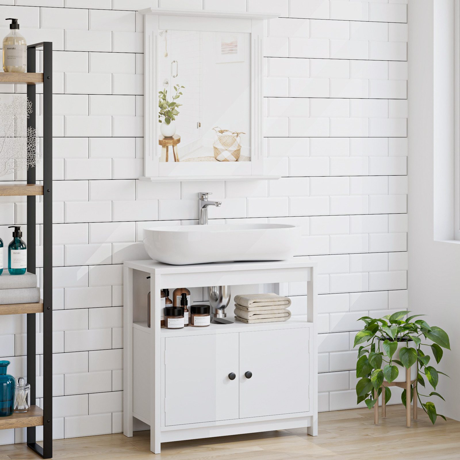Homfa Waschbeckenunterschrank Badezimmer Unterschrank mit 2 Türen und offenem Fach, Holz, 60 cm breit