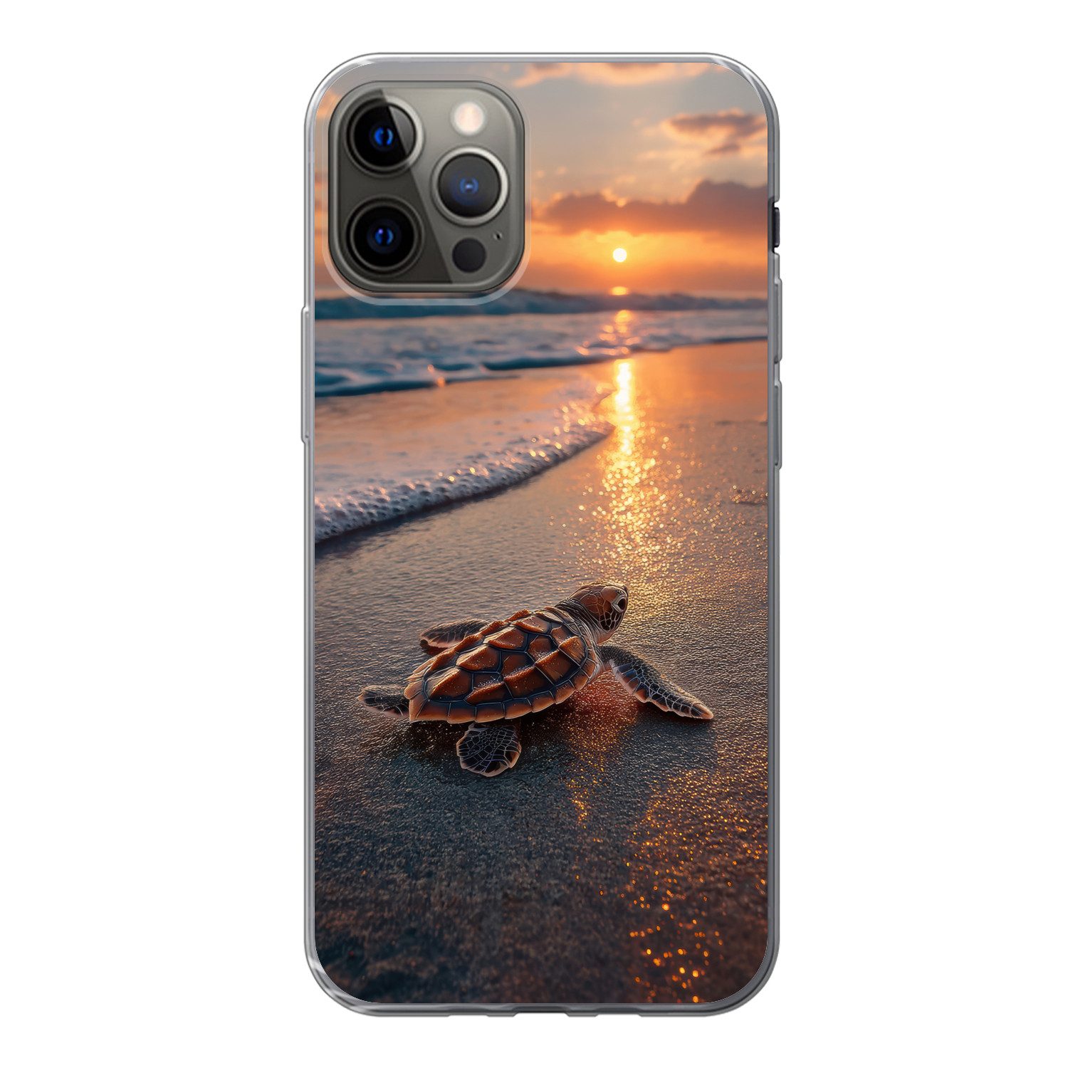 MuchoWow Handyhülle für Apple iPhone 12 Pro Schildkröte - Strand - Sonnenuntergang, Smartphone-Bumper, Print, Handy Schutzhülle Dünn