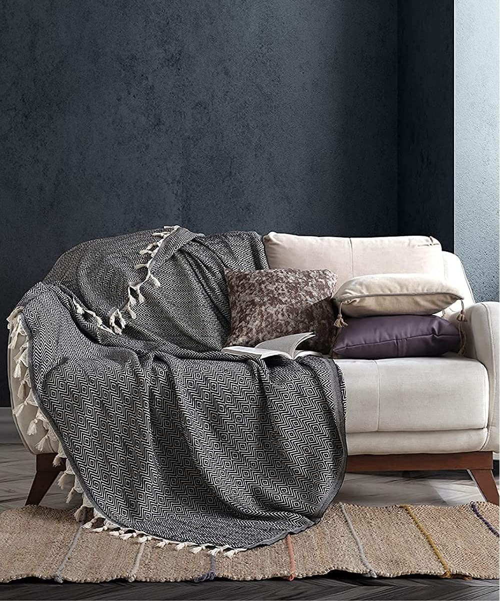 Tagesdecke BOHORIA® Tagesdecke Atelier Oriental 165x220cm, 100% Baumwolle, BOHORIA, Kann für Bett, Sofa, Stuhl, Outdoor und Indoor genutzt werden. Obsidian