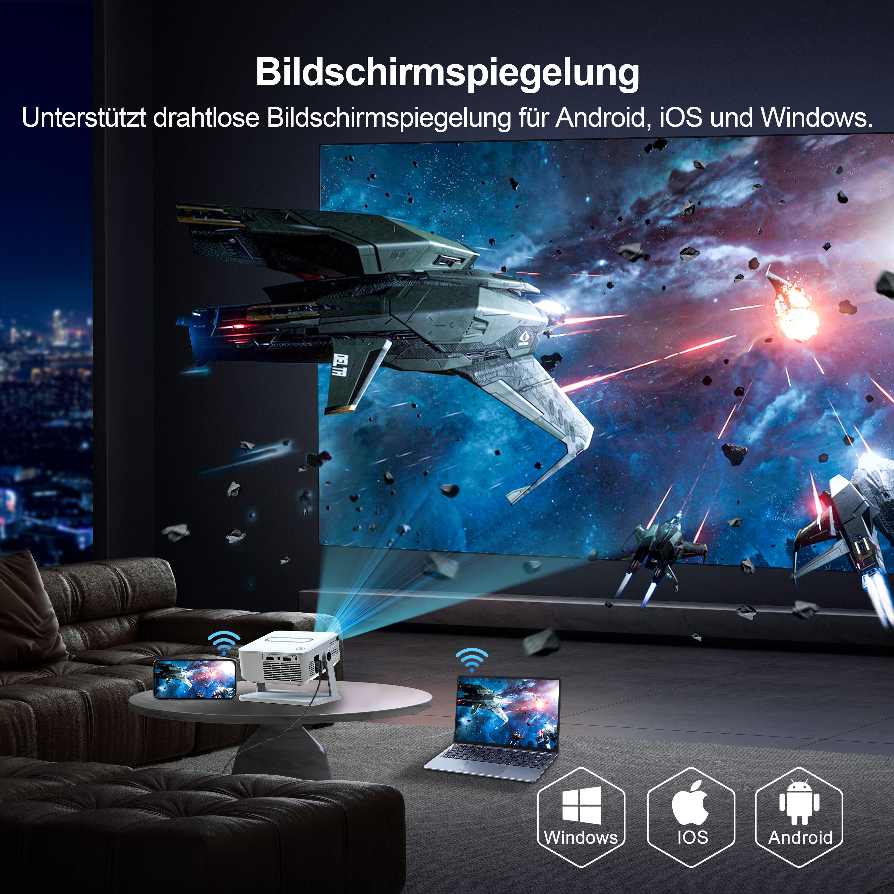 Fyrove Mini Beamer Android Beamer WiFi 6 &BT 5.0 Portabler Projektor LCD-Beamer (10000:1, 1280x720P px, Full HD Beamer mit WiFi 6,Android 11.0, automatische Trapezkorrektur)