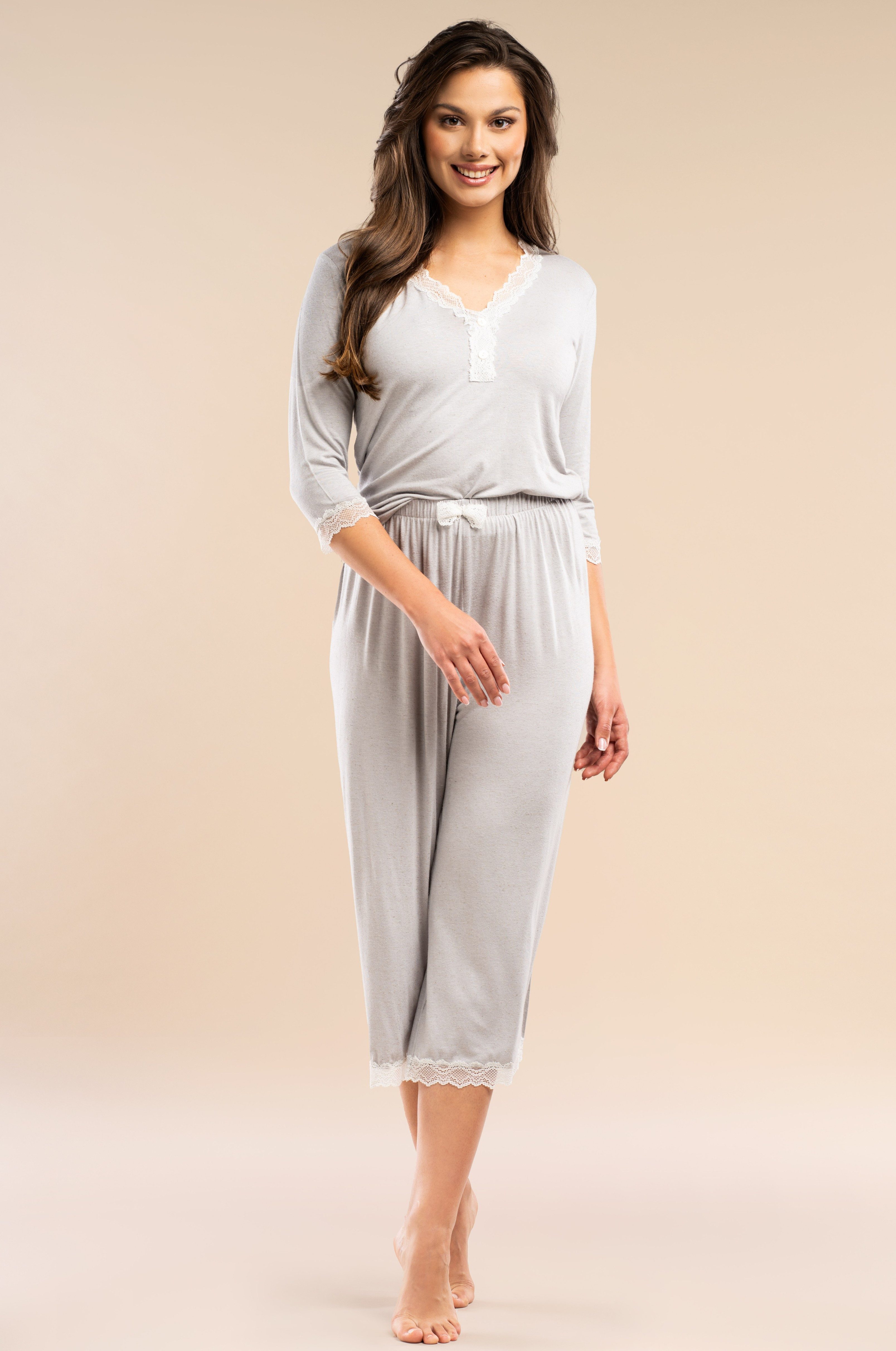 Mademoiselle Sommeil Pyjama Schlafanzug in grau mit Spitze, 3/4-Arm-Obertei günstig online kaufen