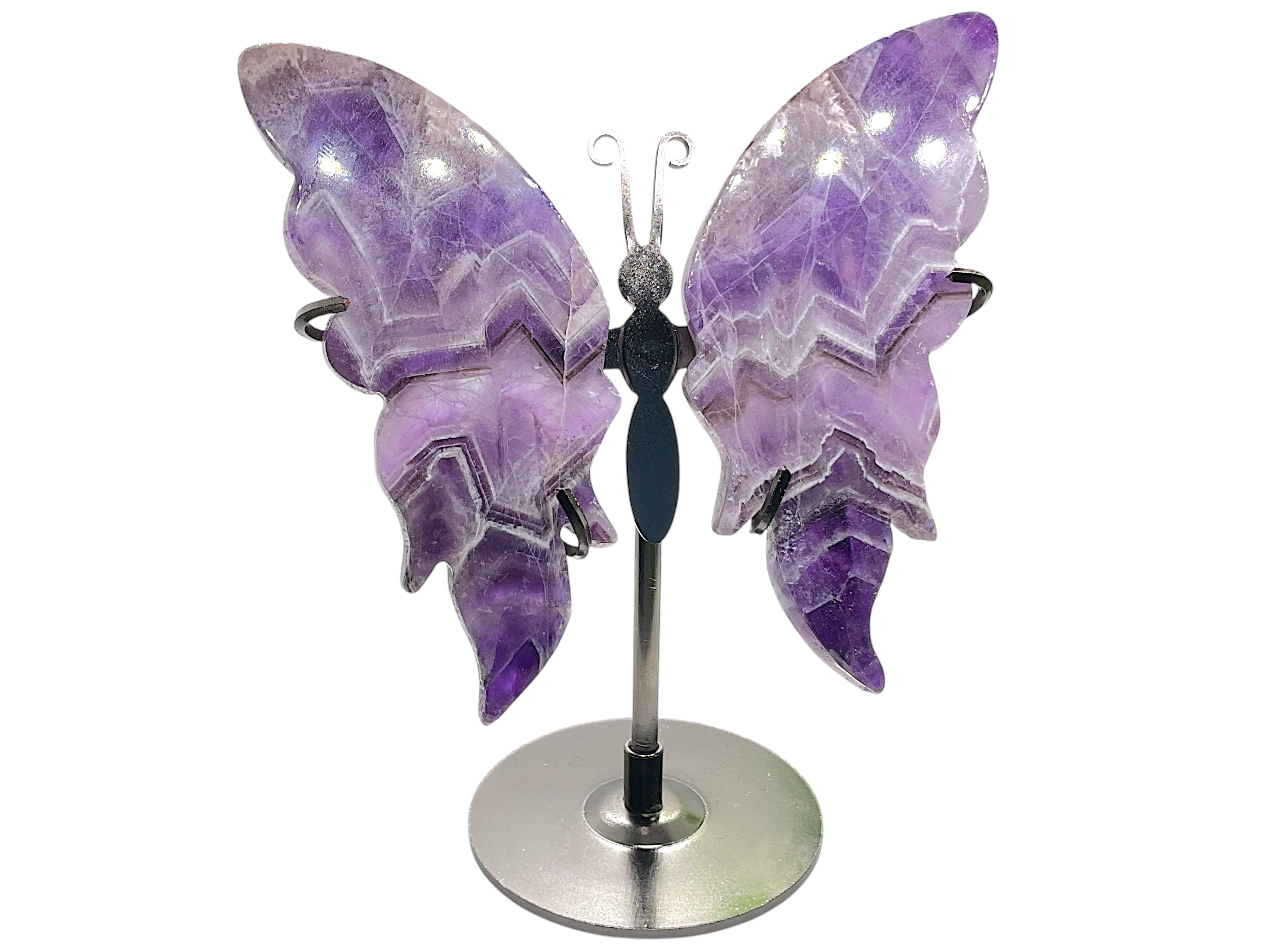 Steinfixx® Edelstein Schmetterlingsflügel aus Naturedelstein mit Ständer, (10-13cm und ca. 120gr., 1-St., Amethyst, mexikanischer Achat oder Regenbogenfluorit), Unikat-Masterpiece mit Geschenkbox
