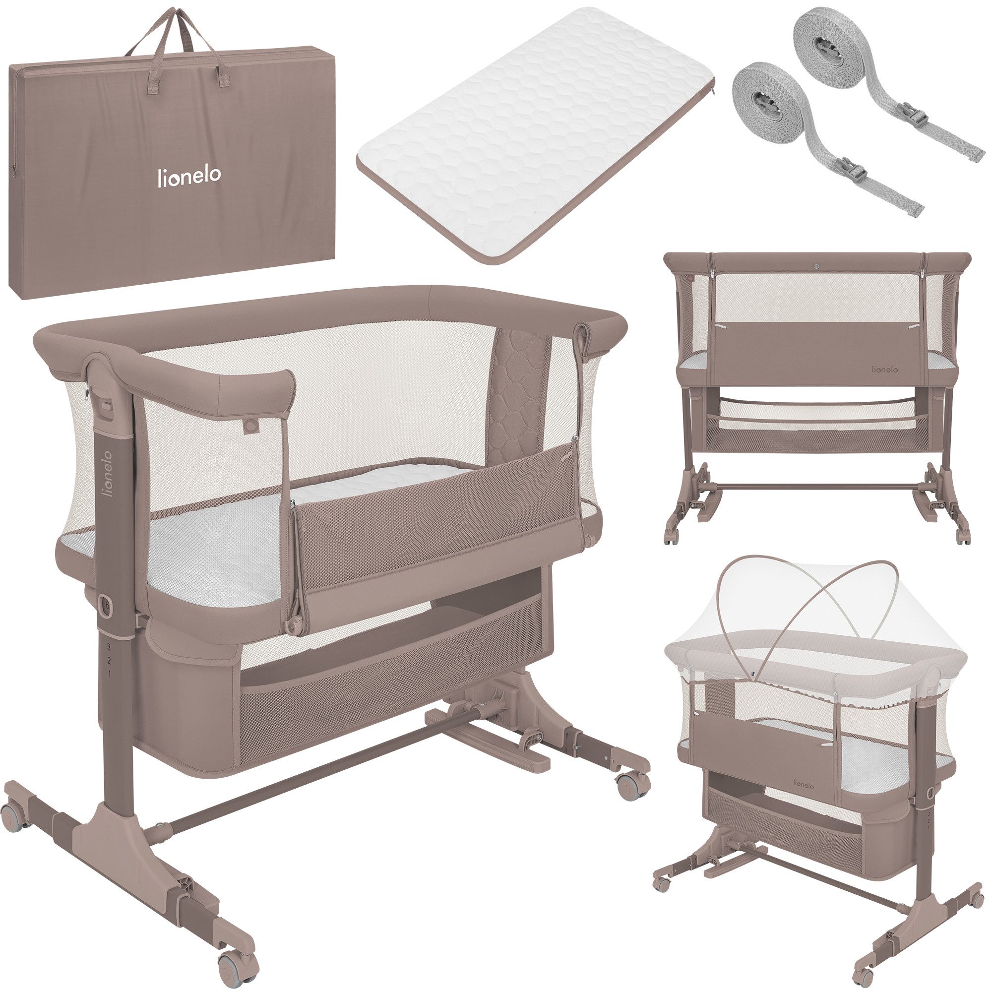 lionelo Baby-Reisebett JODIE, 3in1 Beistell/freistehend/Wiege/6 Stufen/Netzseiten/4 Rollen