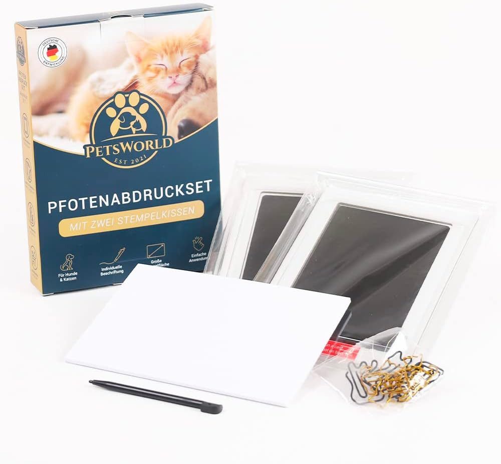 PETSWORLD EST 2021 Handabdruck-Set PETSWORLD Pfotenabdruck-Set – sauber & sicher für Baby & Haustier, 2 Stempelkissen, 12 Karten & Stift – Abdruck ohne Farbe auf Haut/Fell