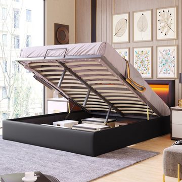 EXTSUD Polsterbett Polsterbett LED-Bett mit Lattenrost und Stauraum, Beleuchtetes Kopfteil mit Lattenrost und Stauraum