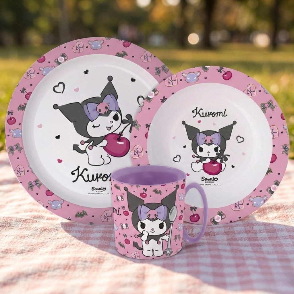 Hello Kitty Kindergeschirr-Set Hello Kitty Kuromi Kinder Geschirr-Set 3 teilig (3-tlg), 1 Personen, Becher (350 ml) Teller Schüssel