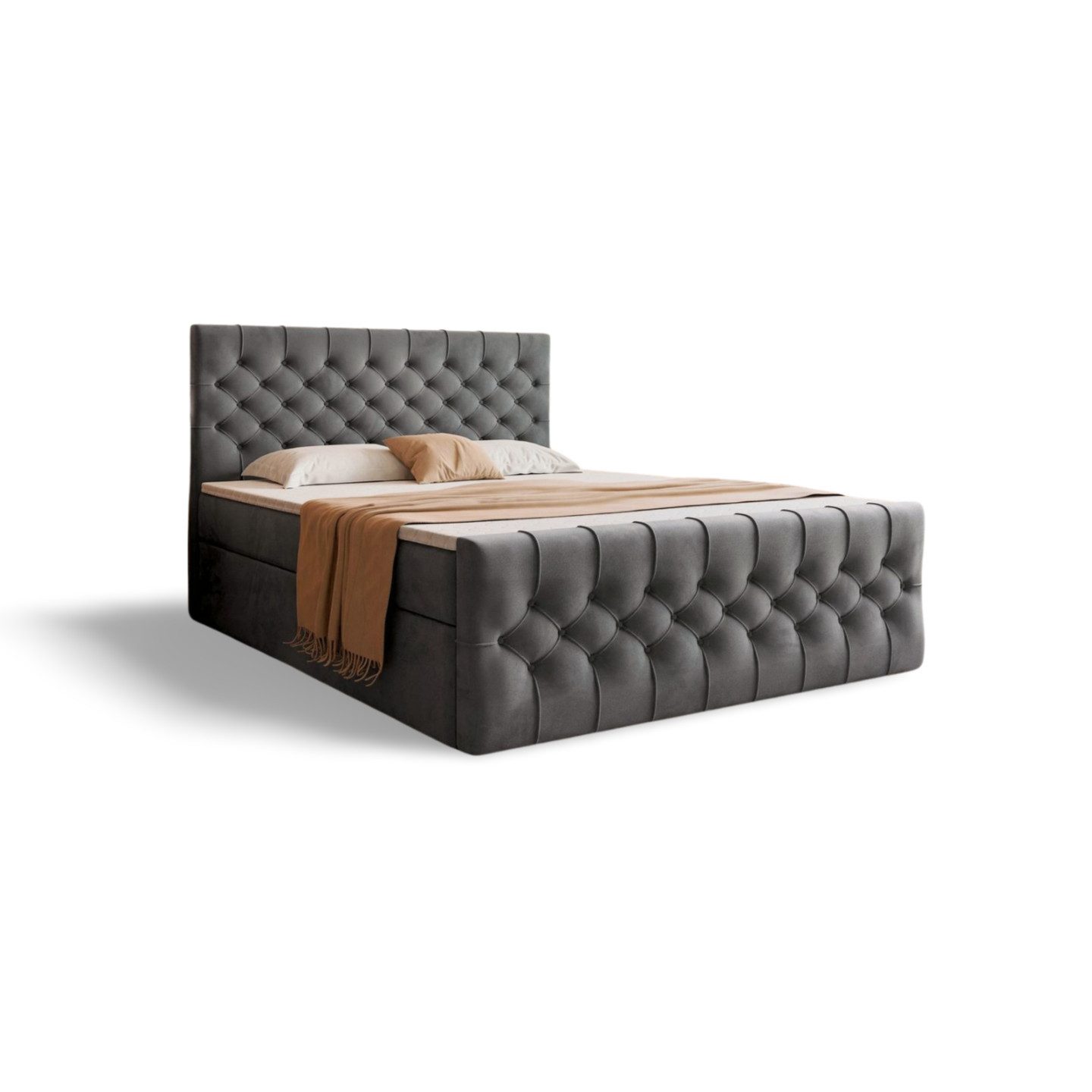 Goldstoff Boxspringbett TAURIEL mit Federkernmatratze & Topper, zwei Bettkästen (von 120 bis 200x200 cm), modernes Doppelbett aus Velvet Stoff mit edlem Kopftei – Bild 3 von 5