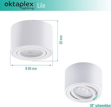 Oktaplex lighting LED Deckenstrahler 3 Stück Set Aufbauspots inkl. LED Module 4,8W 380 Lumen, 3-Step Dimmung, Leuchtmittel wechselbar, warmweiß, 2700 Kelvin 230V 30° schwenkbar Höhe 50mm weiß