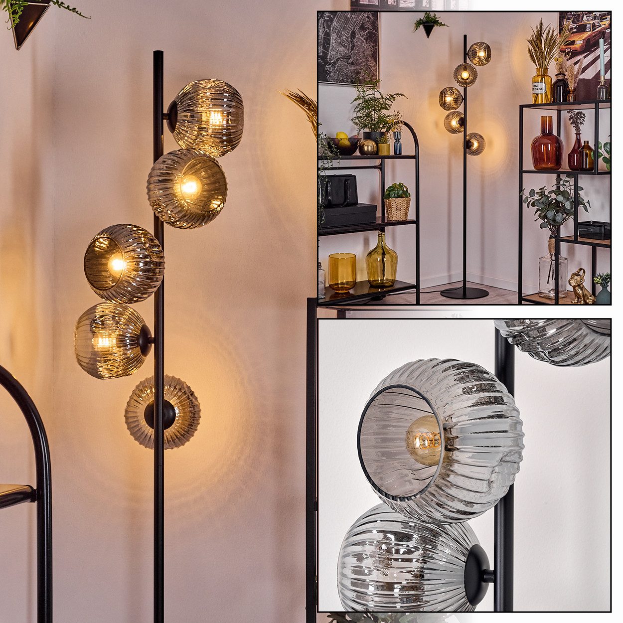 Stehlampe Stehlampe aus Metall/Riffelglas, Schwarz/Rauch, Retro/Vintage-Design