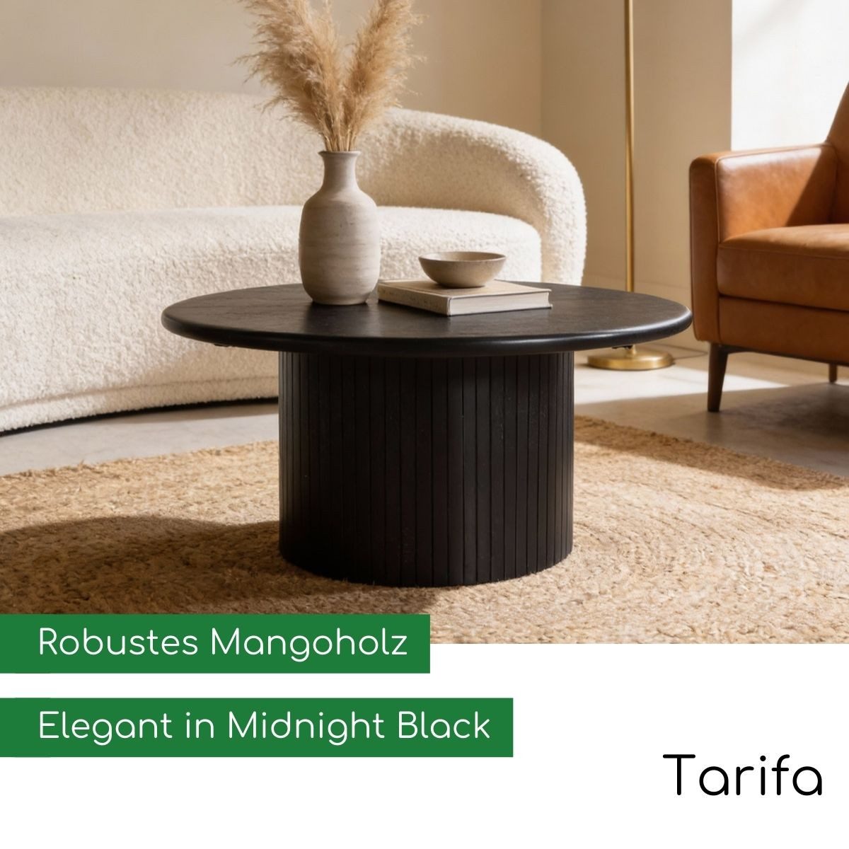 CASA DOMA Couchtisch Tarifa, Beistelltisch, aus Mangoholz, in Schwarz, Säulenfuß mit Lamellenstruktur, rund, zwei Größen
