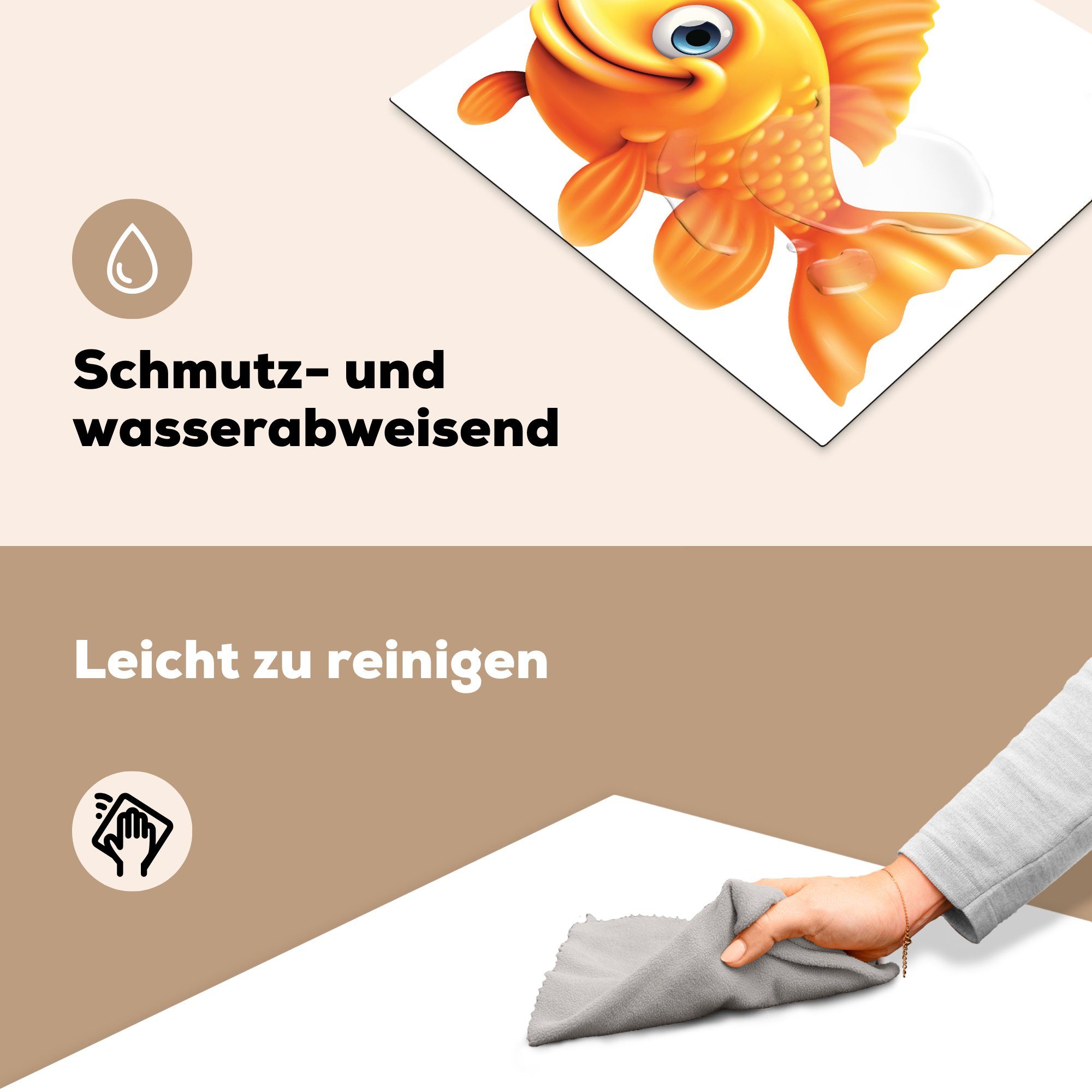 Vinyl, 60x52 Ceranfeldabdeckung MuchoWow cm, Arbeitsfläche Eine Illustration (1 Herdblende-/Abdeckplatte Goldfisches, Mobile nutzbar, eines tlg), lächelnden