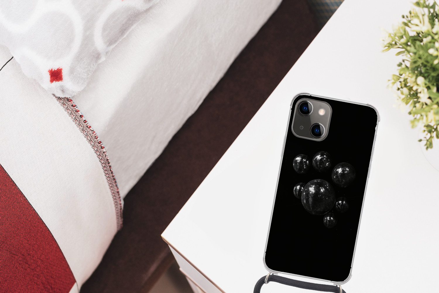 MuchoWow Handyhülle für Apple iPhone 13 Mini Disco-Kugeln - Minimalistisch - Schwarz, Tragbare Handyhüllen mit Kette zum umhängen, Handykette Handyband