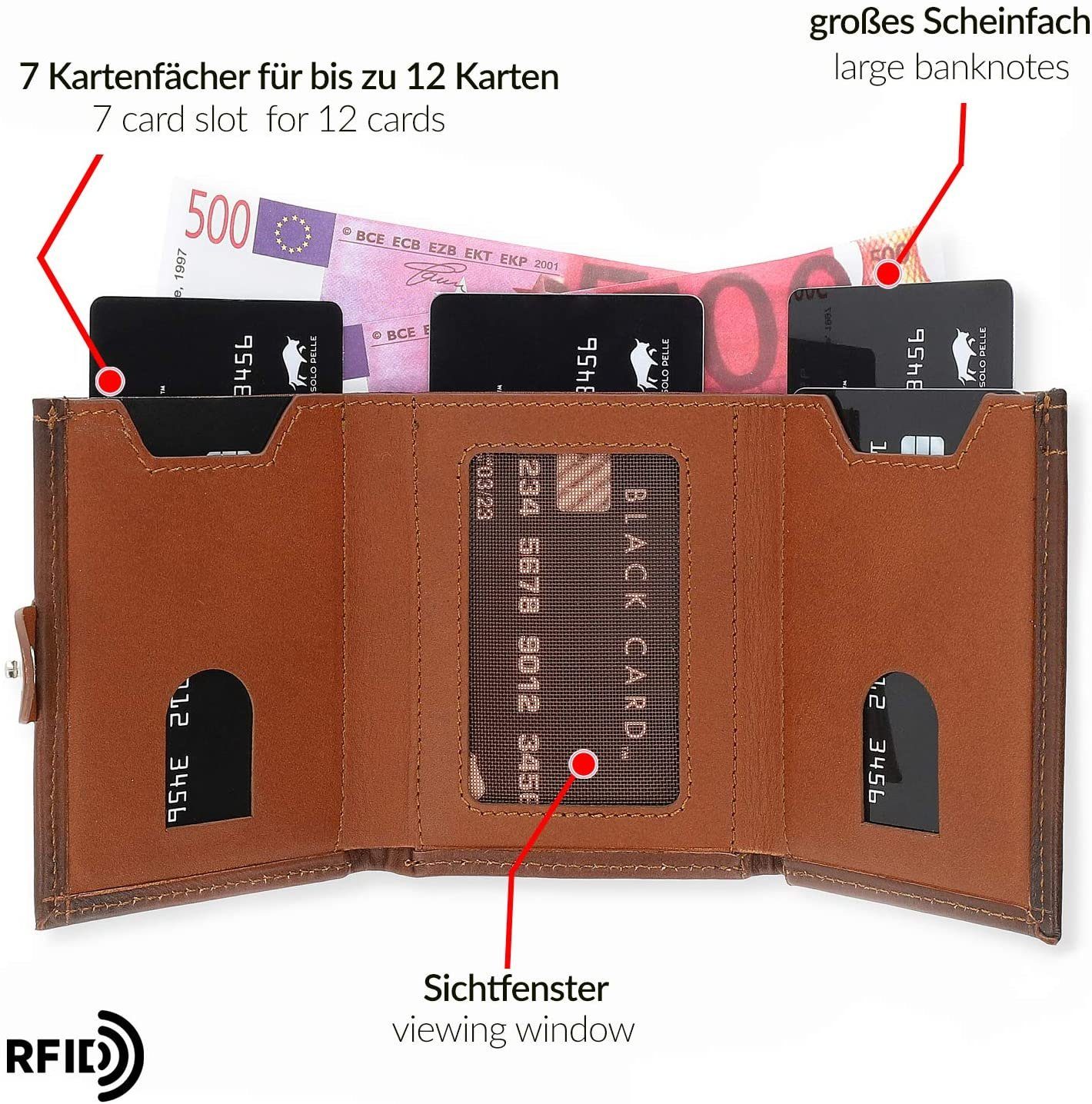 Solo Pelle Mini Geldbörse Slim Wallet mit Münzfach [12 Karten] Slimwallet Riva [RFID-Schutz], echt Leder, Made in Europe in elegantem Design mit RFID Schutz