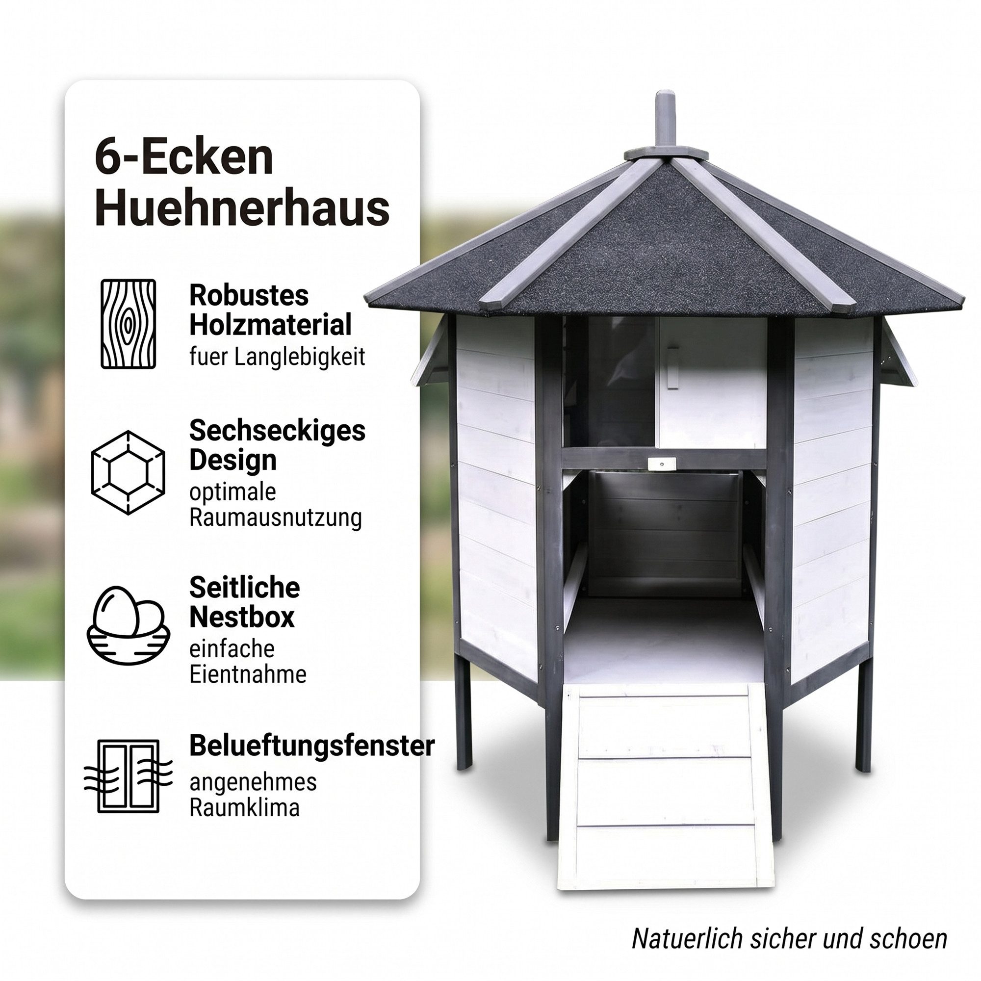 Mucola Kleintierkäfig Gefügelstall Hühnerhaus XXL 6-Ecken Freigehege Kleintierstall, für 5-8 Hühner