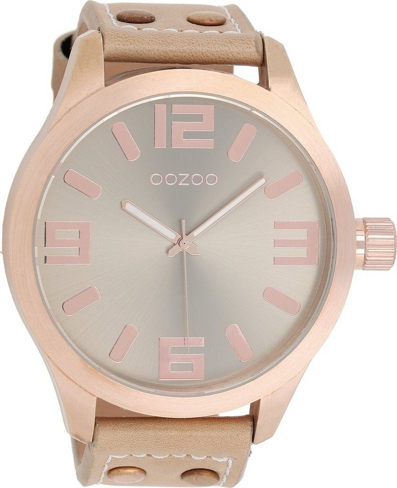OOZOO Quarzuhr Oozoo Damen Armbanduhr Timepieces Analog, Damenuhr rund,  extra groß (ca. 51mm) Lederarmband, Fashion-Style, Gehäuse-Durchmesser 50  mm (ohne Krone)