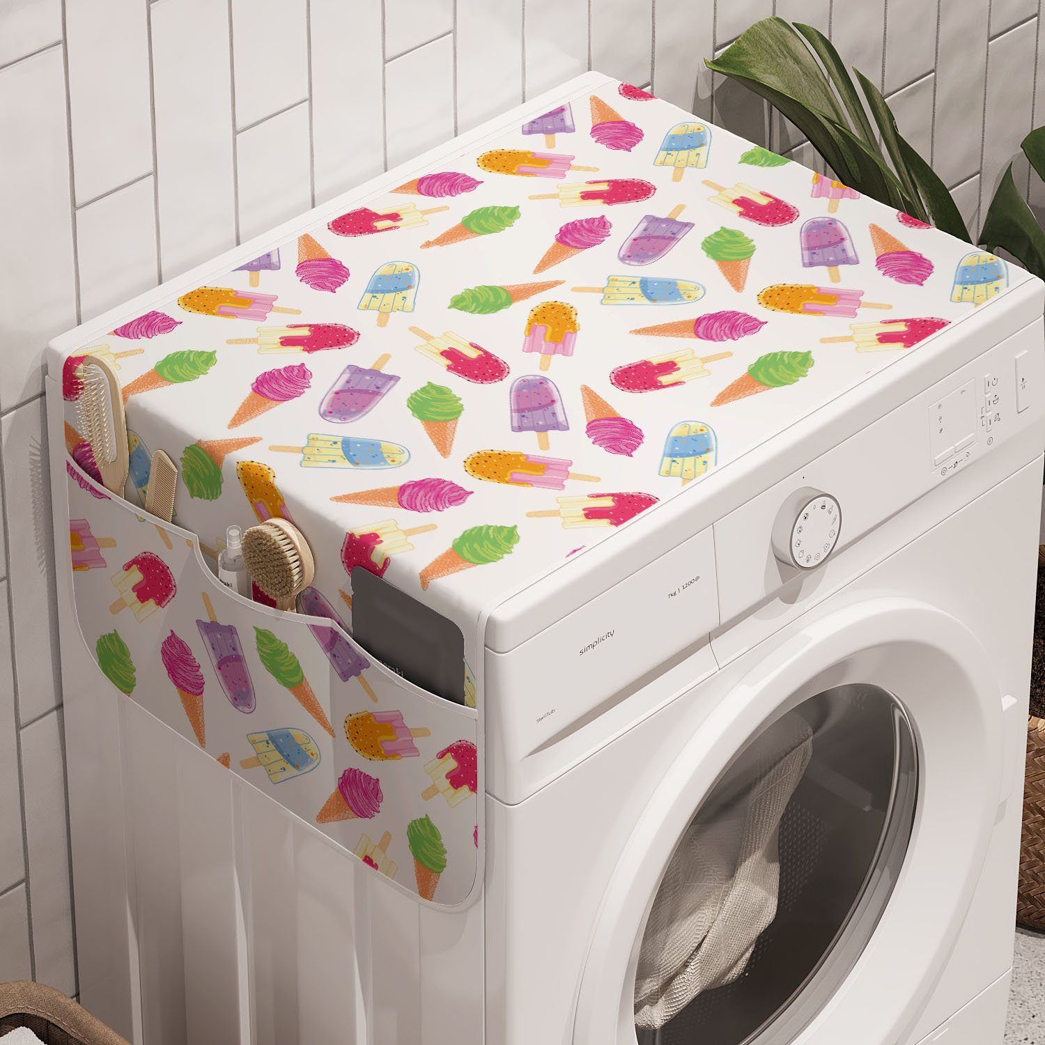 Abakuhaus Badorganizer Anti-Rutsch-Stoffabdeckung für Waschmaschine und Trockner, Eis Cartoon Leuchtende Farbe | Bad-Organizer