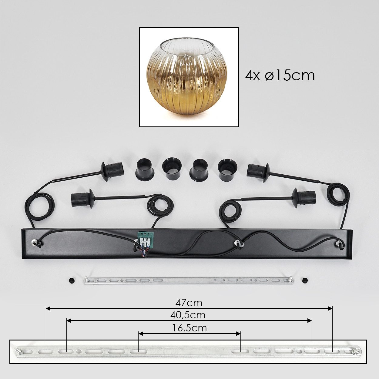 hofstein Hängeleuchte Hängelampe aus Metall/Riffelglas in Schwarz/Goldfarben/Klar, Hängeleuchte im modernen Retro/Vintage-Design (15 cm), 4 x E27
