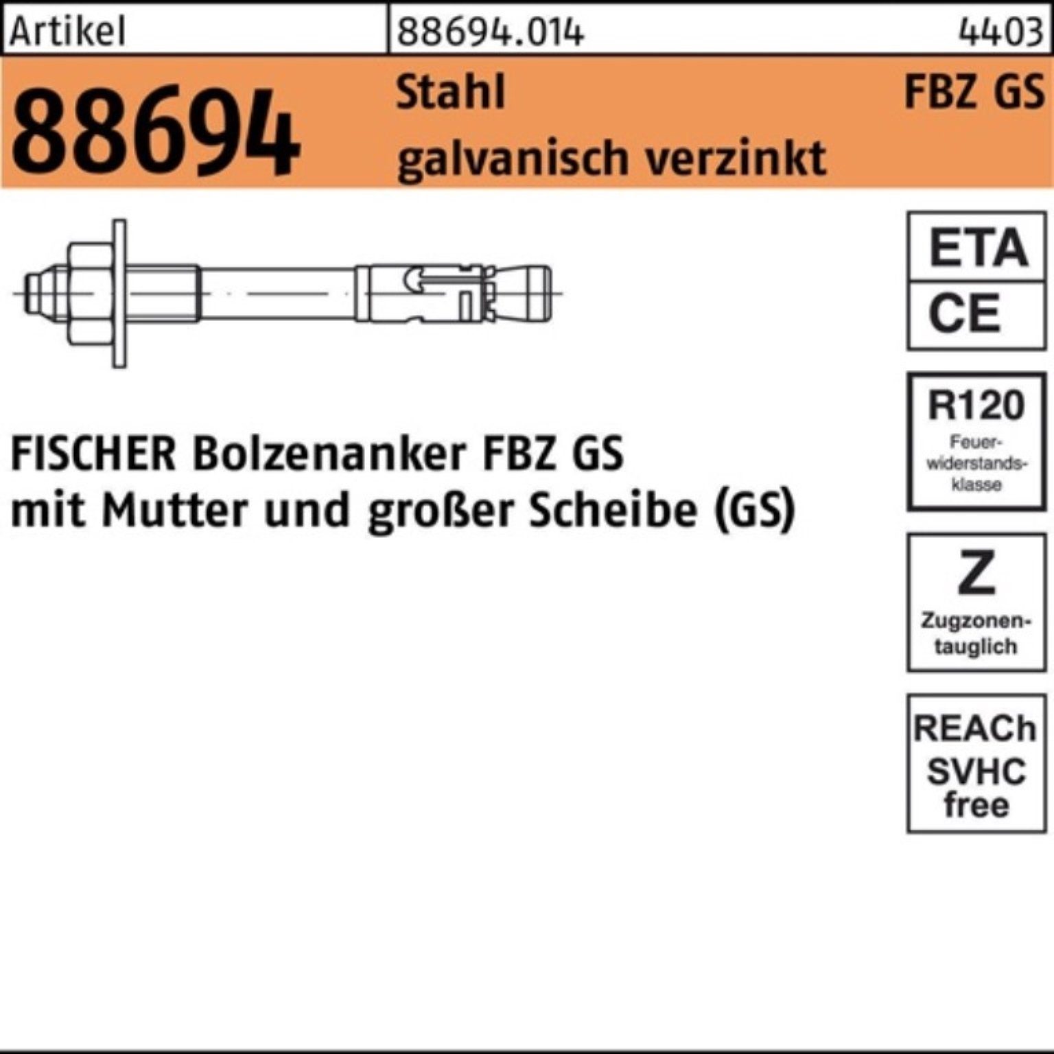 FBZ 100er fischer R 50 Stück 88694 Bolzenanker 10/10 Stahl Bolzenanker galv.verz. GS Pack