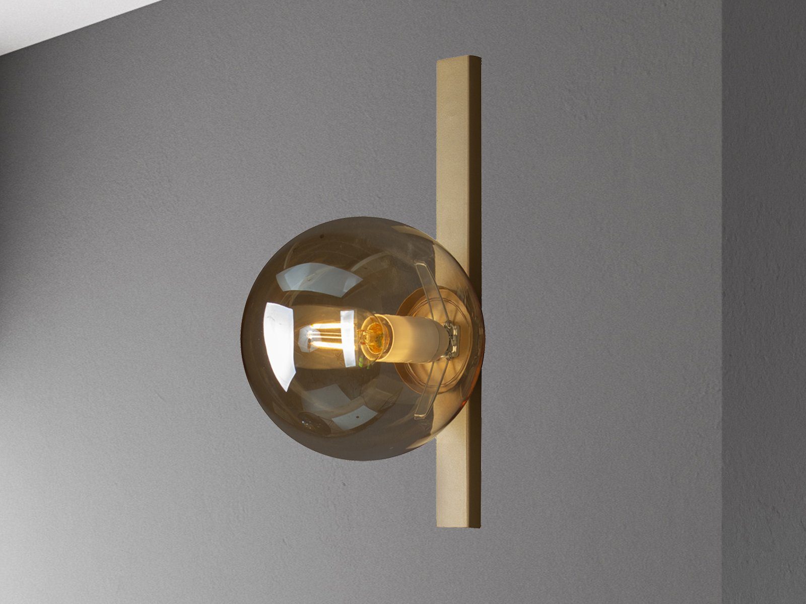 Gold-en, wechselbar, LED Schalter mit 28cm Messing-Amber Glas-kugel, meineWunschleuchte Höhe Wandleuchte, Lampe innen, LED Bauhaus Warmweiß, & Dimmfunktion,