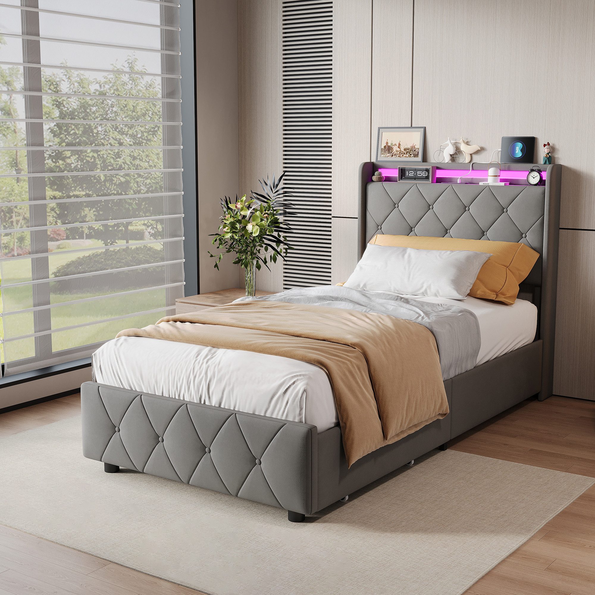 zebery Polsterbett Stauraumbett LED-Beleuchtung und Ladefunktion (mit Lattenrost), Einzelbett Kinderbett 90x200,2 Schubladen,Jugendbett USB&Type-C,Grau