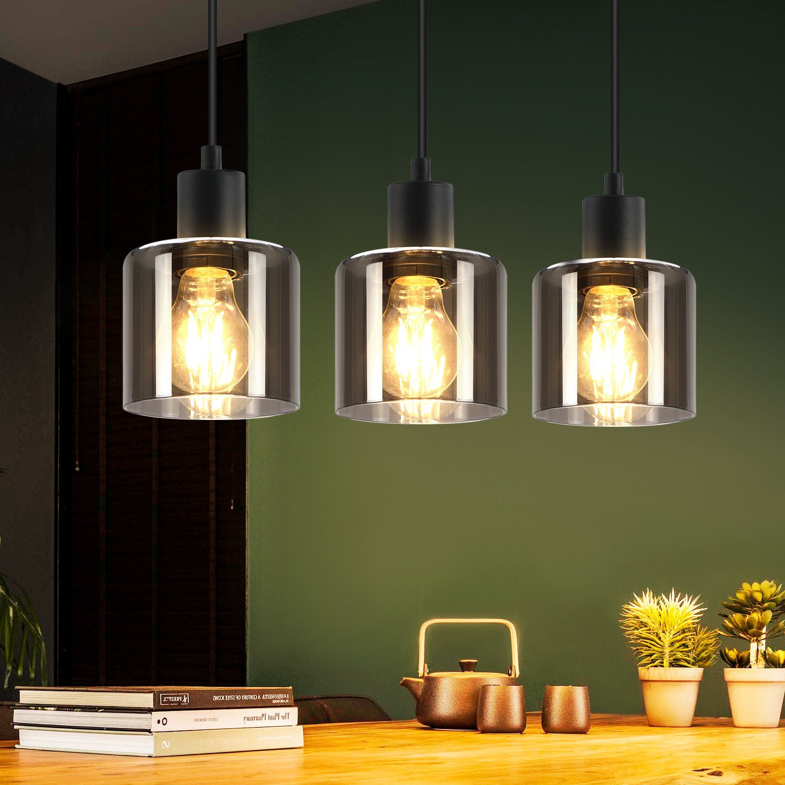 ZMH Pendelleuchte Esstischlampe Hängend Hängeleuchte Schwarz/Berstein - E27 Vintage Flur, Einfache Installation, ohne Leuchtmittel, Höhenverstellbar für Hotel Büro Vintage Esszimmerlampe