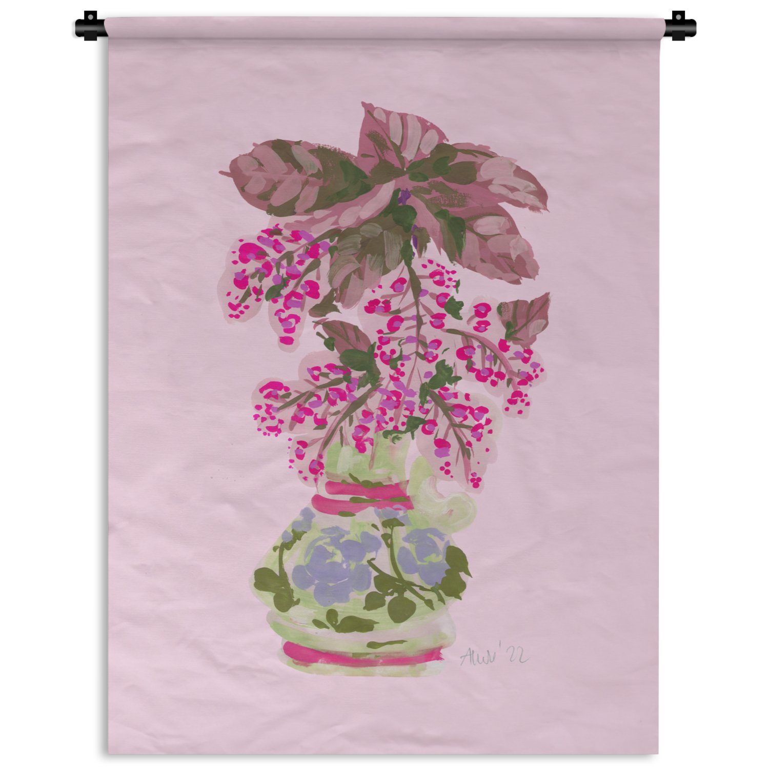 MuchoWow Wanddekoobjekt Blumen - Vase Schlafzimmer Tapisserie, Pflanzen, Rosa für Deko der Wohnzimmer, - - Wand, an
