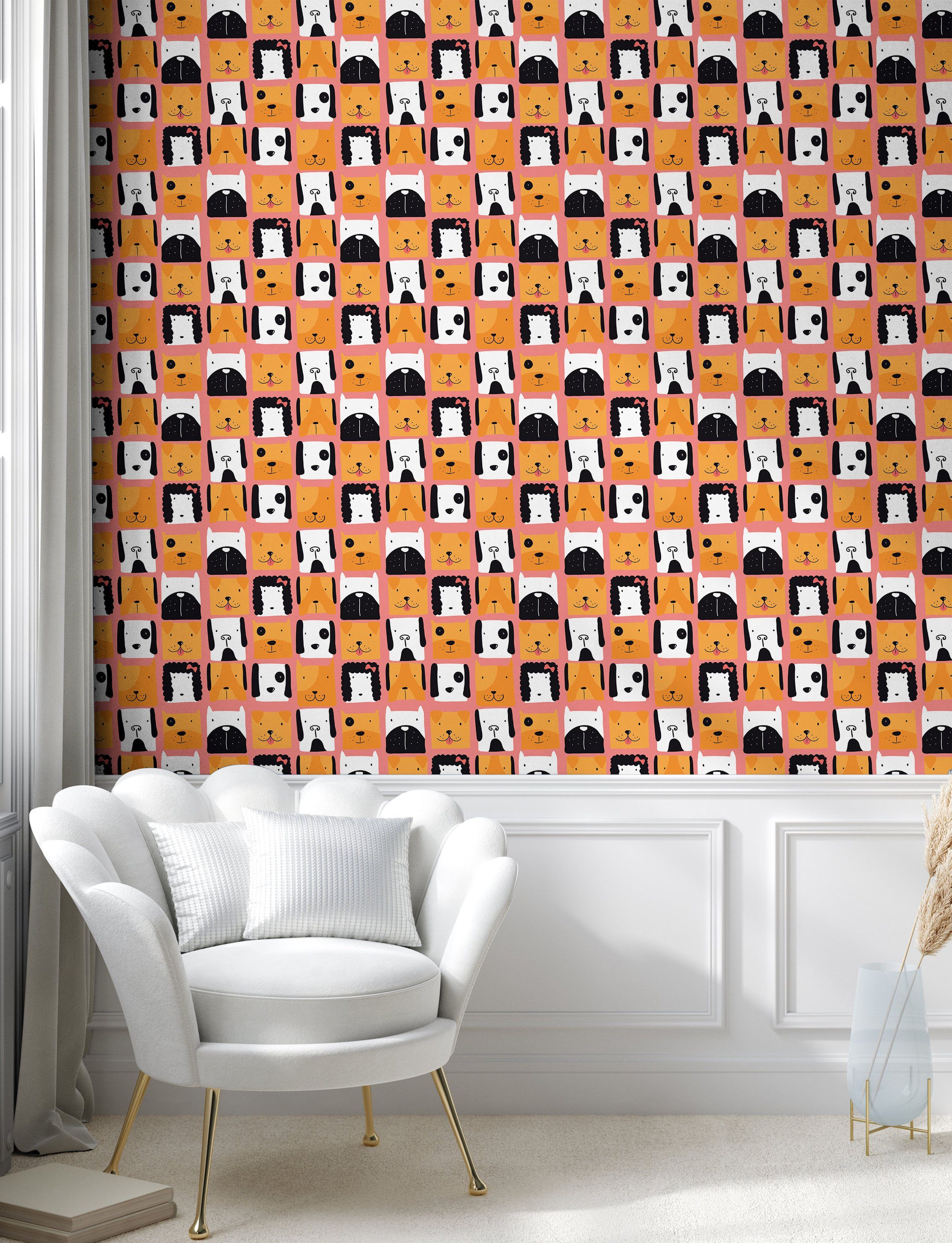Abakuhaus Vinyltapete selbstklebendes Wohnzimmer Hund Küchenakzent, Form Quadratische lustige Welpen-Heads
