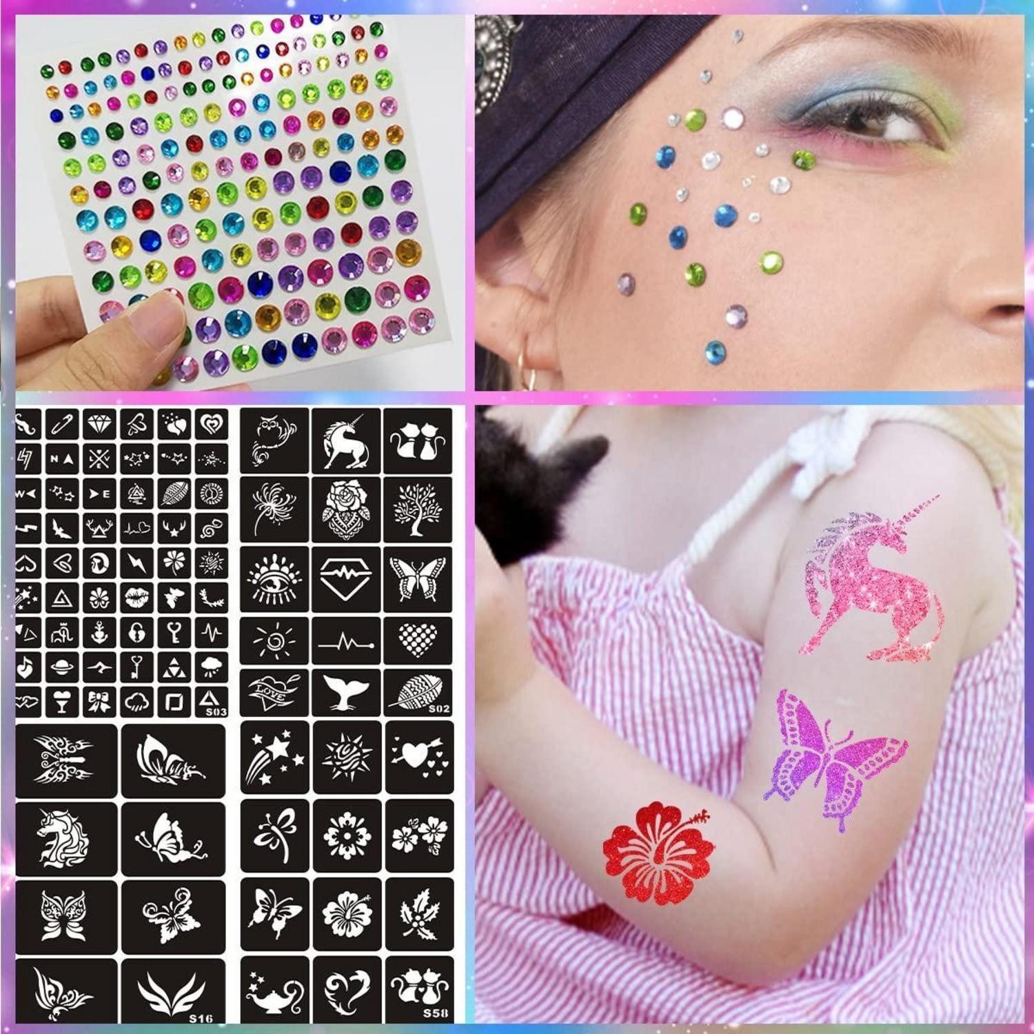 LuxusKollektion Kindertattoo Glitzer Tattoo Stifte Kinder 6 Farben 95 Schablonen Einhorn Leuchtend