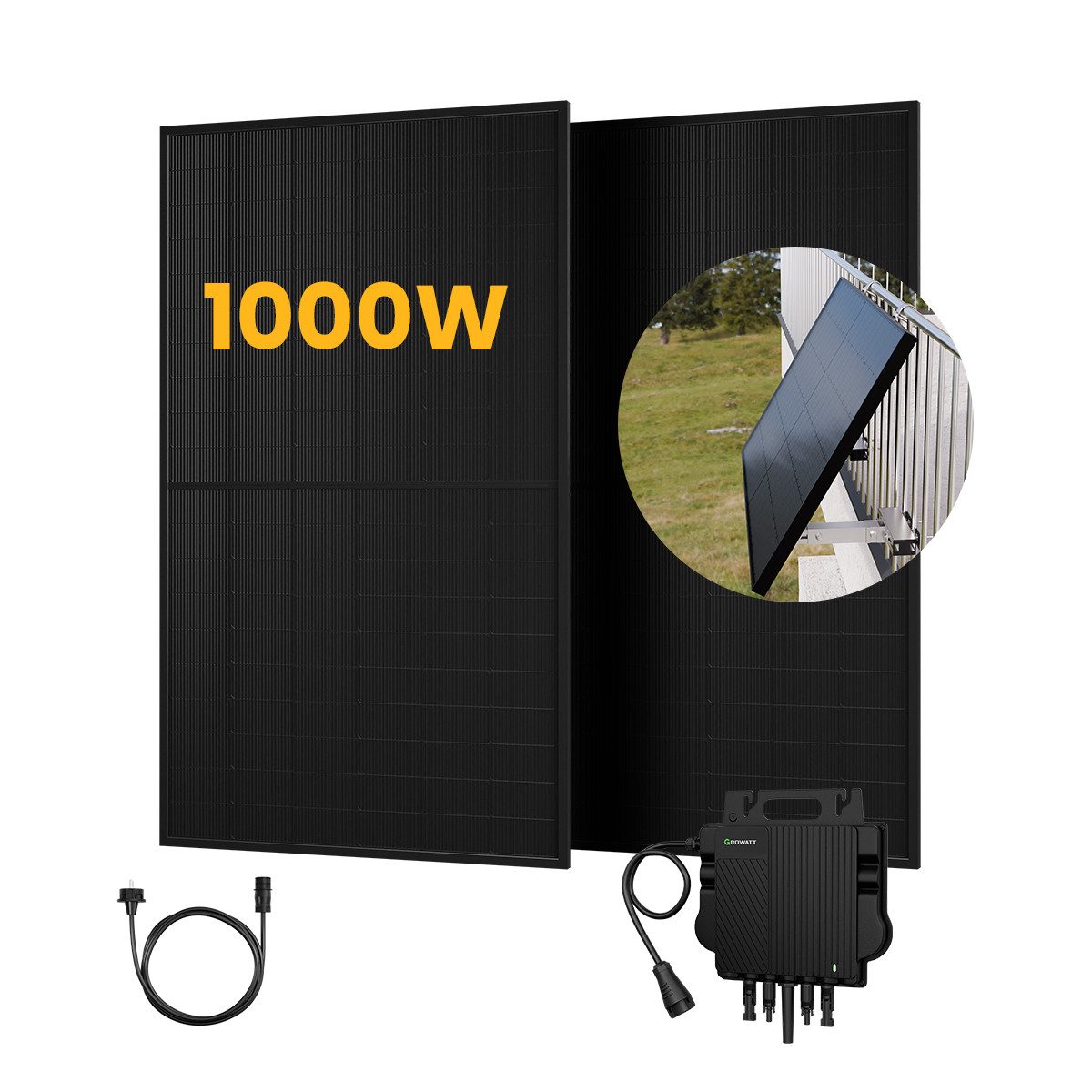 Growatt Balkonkraftwerk 1000W Solaranlage Solarmodule mit 800W Growatt Wechselrichter, (4 x 2m Solarpanel-Verlängerungskabel im Lieferumfang enthalten), Halterungen für Flachdach oder Balkon (optional)