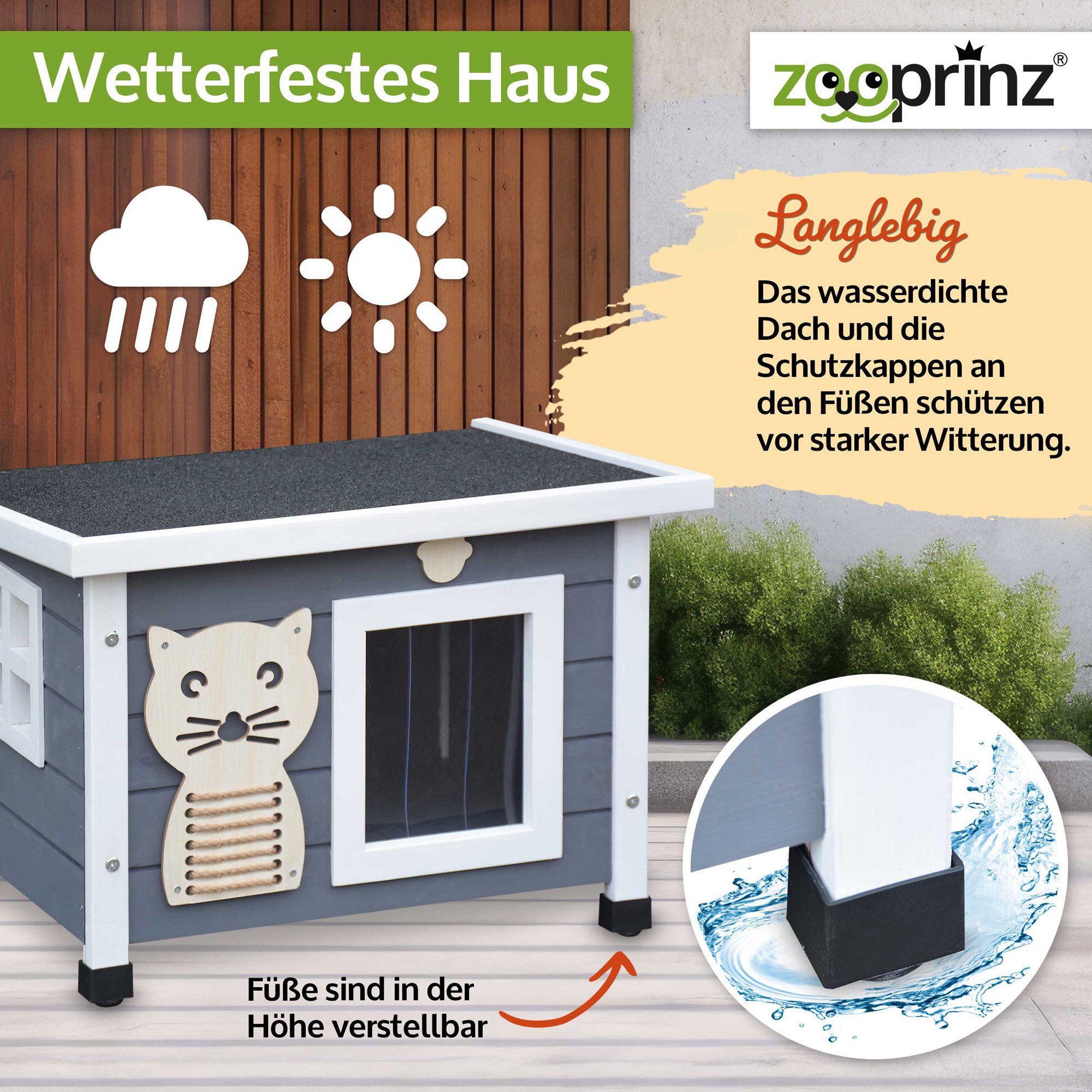 Zooprinz Tierhaus Katzenhaus Winterfest Indoor Outdoor mit Plüschmaus, Massivholz, klappbares Bitumendach, wetterfest, made in Europe
