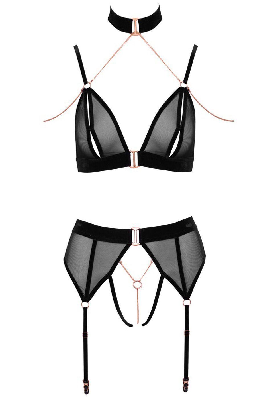 Abierta Fina Set: Bügelloser BH Dessous-Set mit Ketten: BH und Straps-String - schwarz, roségold (2-tlg) transparent
