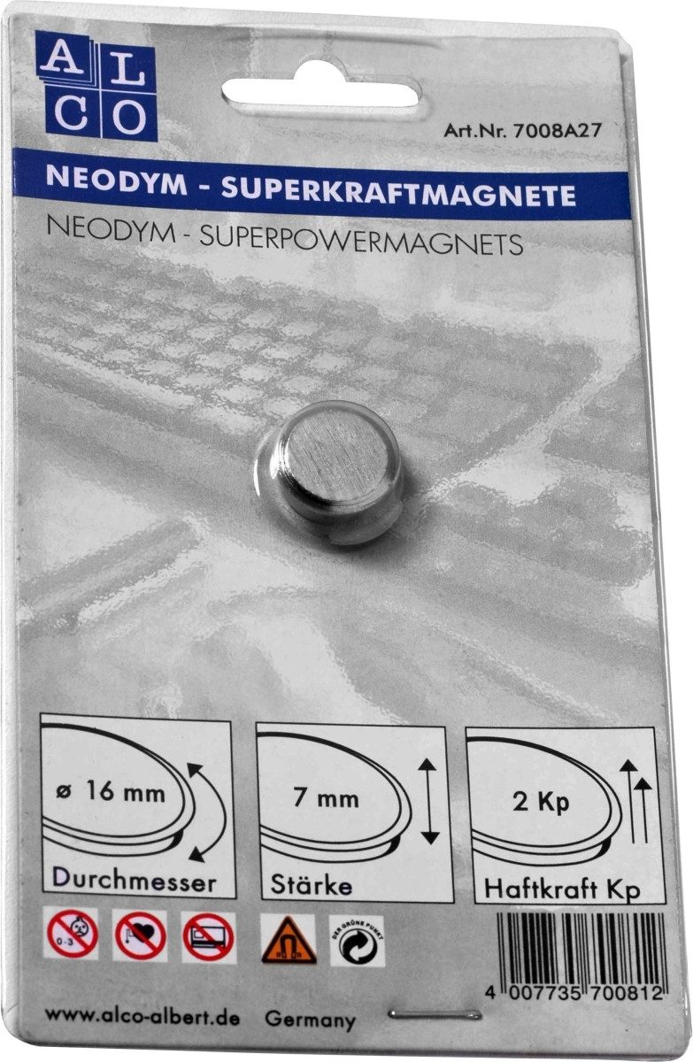 ALCO Magnet Superkraftmagnet Neodym Neodym (Nd) 16mm TG 2000 g silber gebürstet