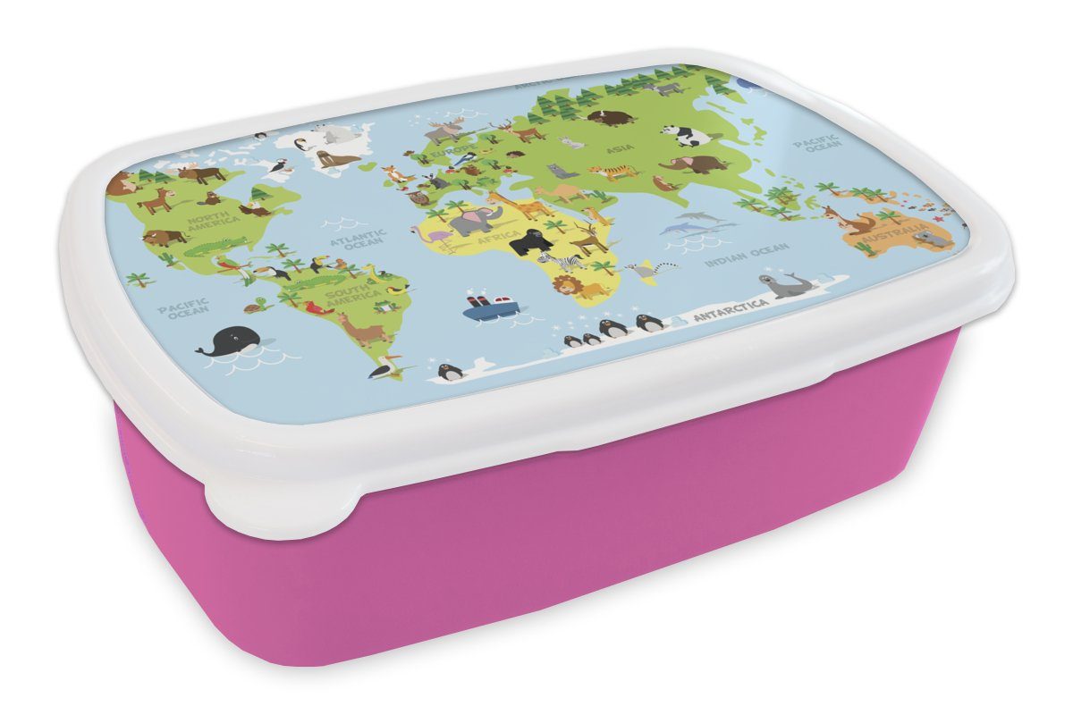 MuchoWow Lunchbox Weltkarte - Kinder - Tiere - Blau - Grün, Kunststoff, (2-tlg), Brotbox für Erwachsene, Brotdose Kinder, Snackbox, Mädchen, Kunststoff rosa