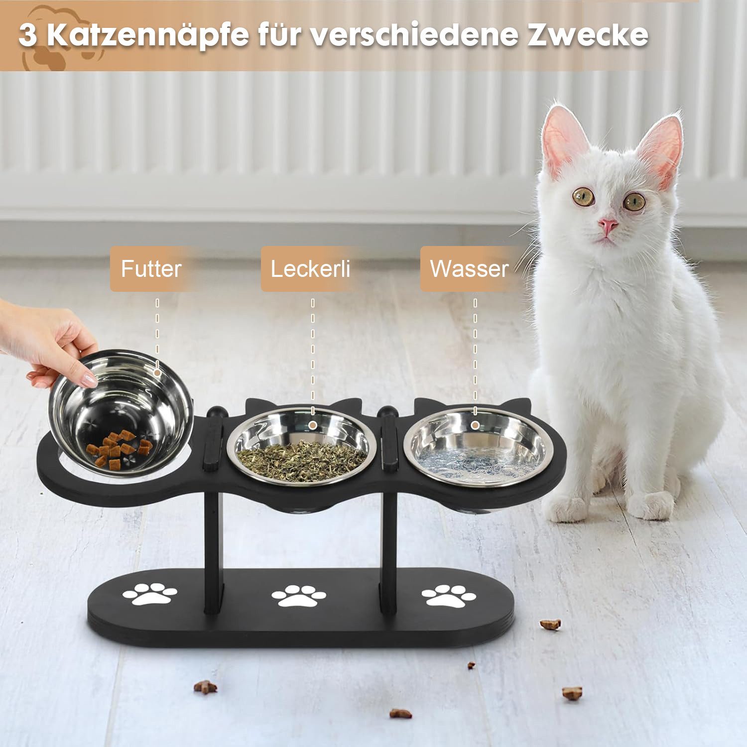 Refined Living Futternapf Katzennapf Erhöht Superdesign 15 Grad Neigung Hundenapf Erhöht, Napf-Set, Höhenverstellbarer Futternapf-Ständer 3 Edelstahlschalen