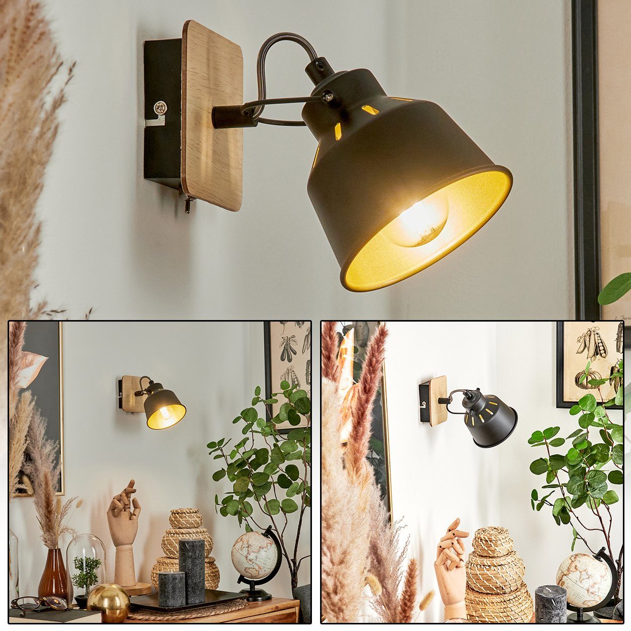 hofstein Wandleuchte »Rimini« Wandlampe aus Metall/Holz in Schwarz/Chrom/Gold/Hellbraun, ohne Leuchtmittel, verstellbar, Lichteffekt u. An-/Ausschalter, E14