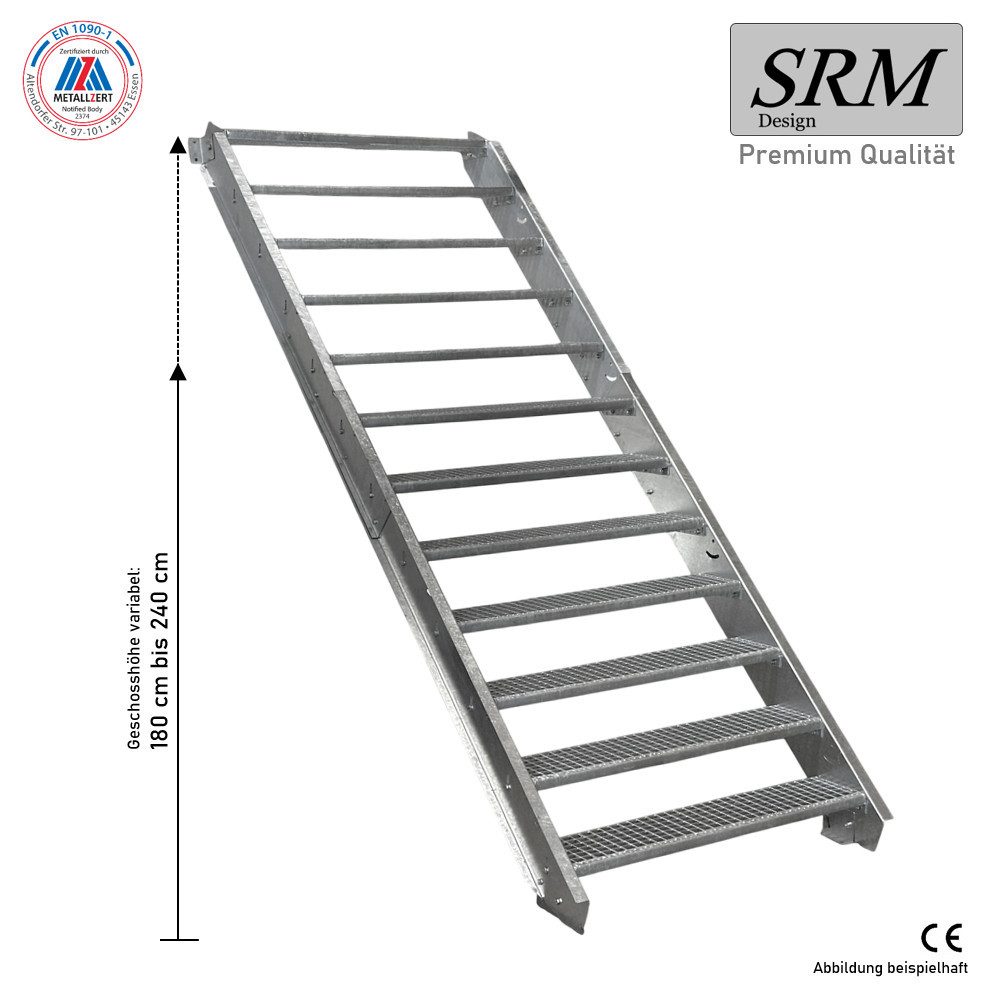 SRM Design Außentreppe 12 Stufen Stahltreppe 90cm Stufenbreite, Höhe 180-240cm, ohne Geländer