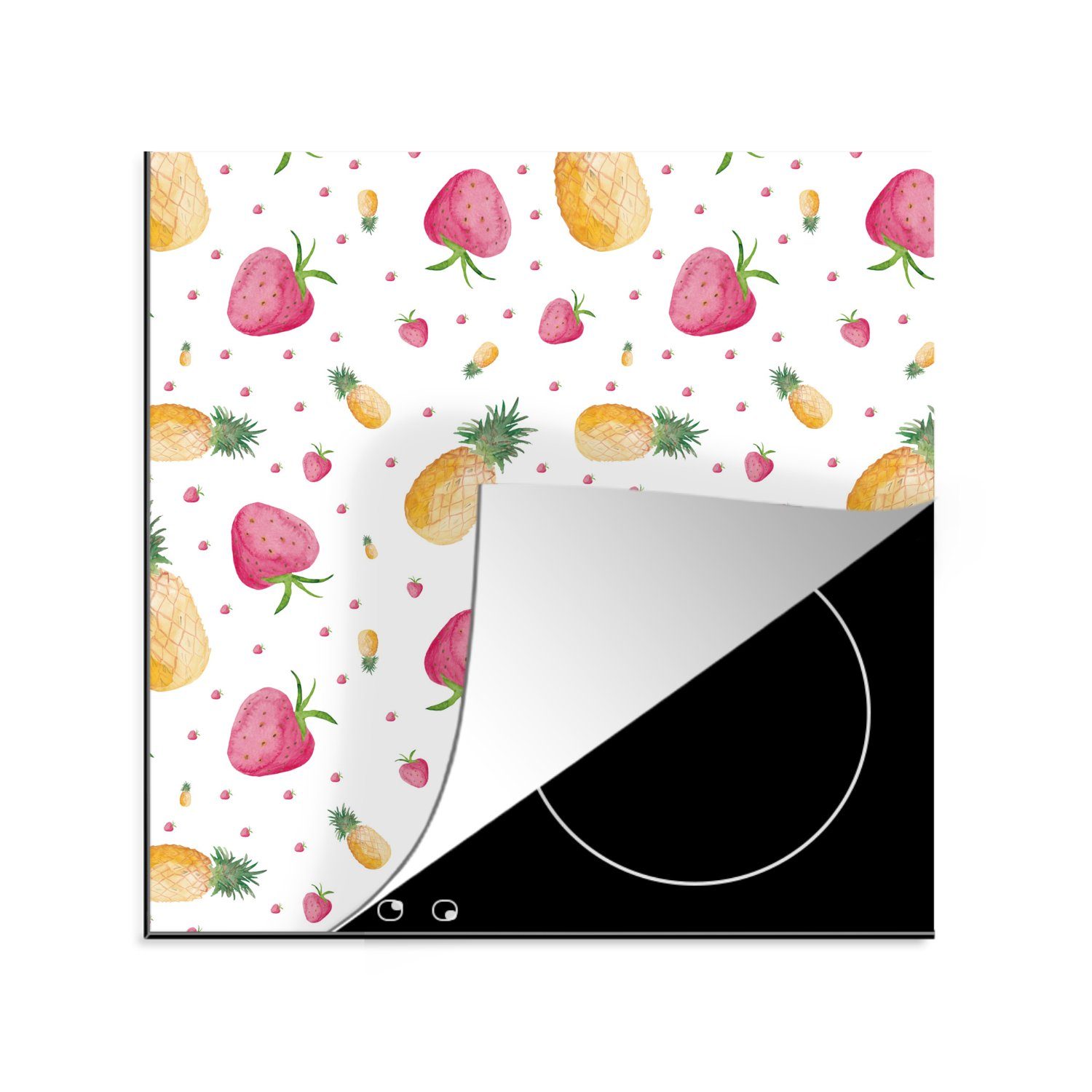 MuchoWow Herdblende-/Abdeckplatte Erdbeeren - Ananas - Aquarell - Schablonen, Vinyl, (1 tlg), 78x78 cm, Ceranfeldabdeckung, Arbeitsplatte für küche