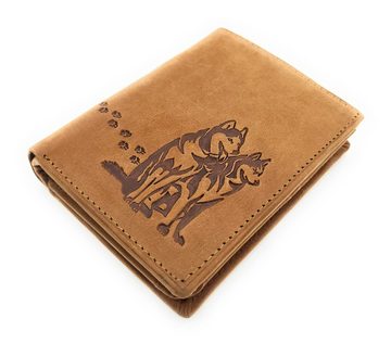 JOCKEY CLUB Geldbörse echt Leder Portemonnaie mit RFID Schutz Husky, Geldbeutel mit geprägten Huskies und Pfotenabdrücken