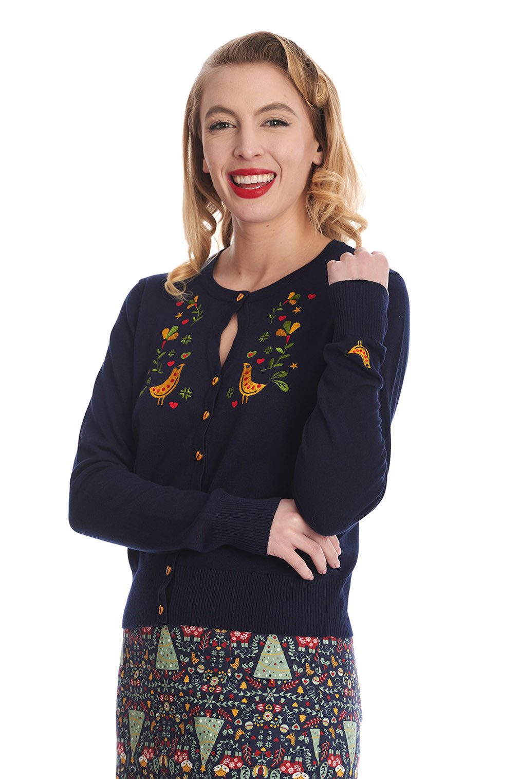 Banned Strickjacke Heritage Birdy Cardigan Blau Rockabilly Vintage Cardigan günstig online kaufen