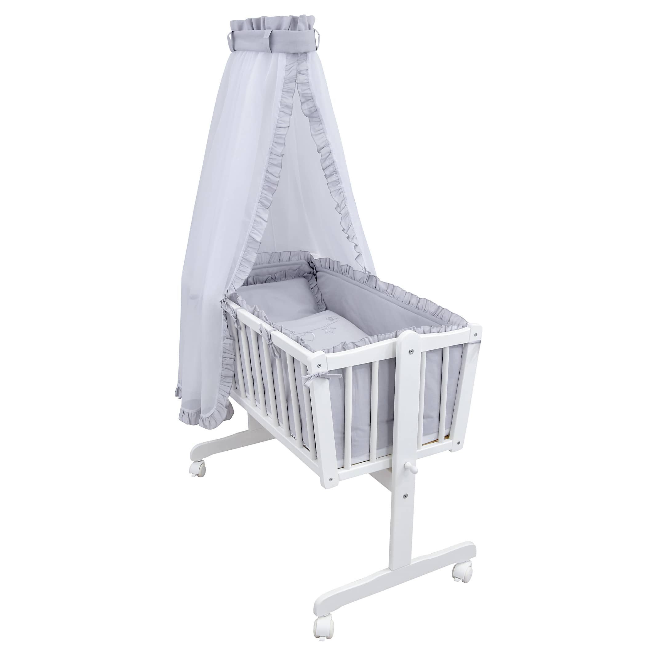 Baby-Delux Stubenbett Babywiege Komplettset Royal Rüsche, Schaukelwiege Weiß 90x40cm Komplett Bettset Wiegenset